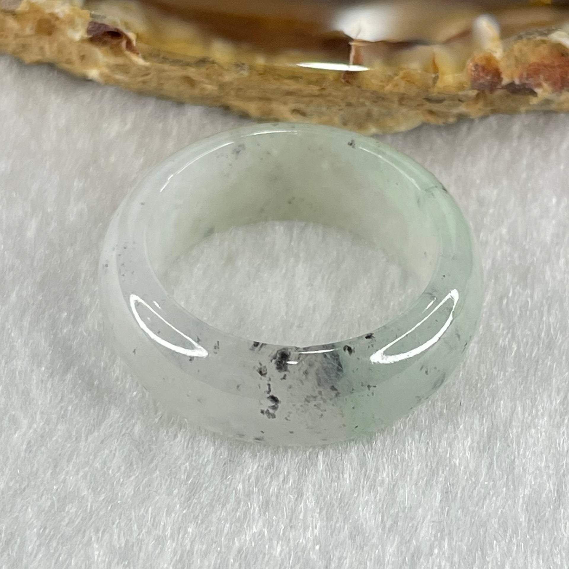 Type A Faint Lavender Green Close to White with Wuji Black Grey Patches Jadeite Ring 5.56g 8.5 by 3.6mm US9.2 HK20.5 - Huangs Jadeite and Jewelry Pte Ltd