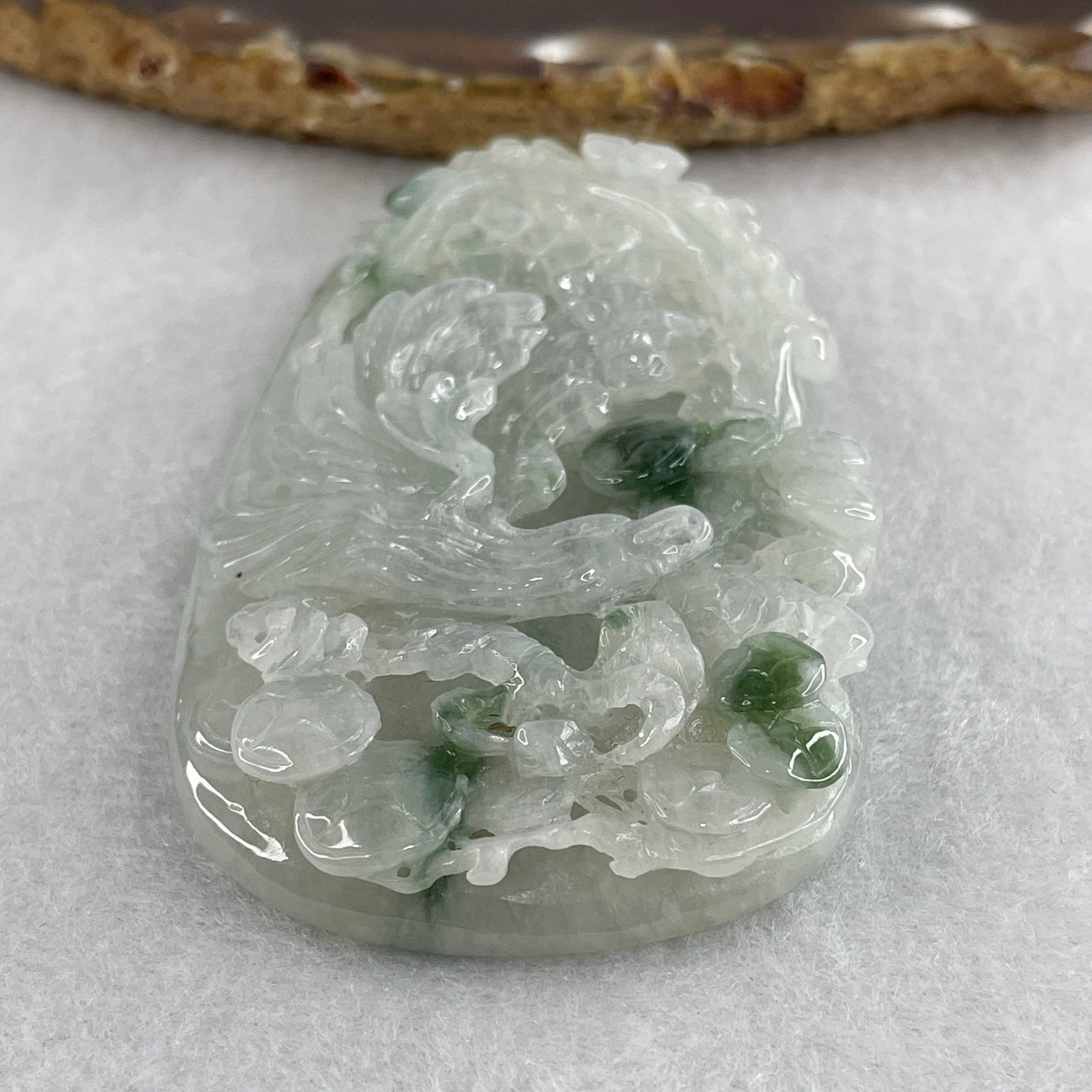 Natural Type A Jelly Faint Green with Green Piao Hua Jadeite Phoenix with Coins & Flower Double-Sided Pendant | Untreated Fei Cui Gemstone Plaque (71.50g | 76.7mm x 45.2mm x 11.4mm)
