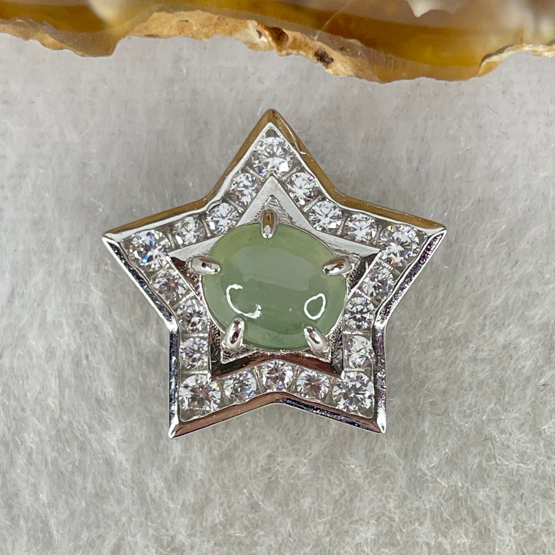 Type A Semi Icy Blueish Green Cabochon Jadeite in S925 Sliver Star with Crystal Charm 2.36g 7.4 by 6.5 by 3.0mm - Huangs Jadeite and Jewelry Pte Ltd