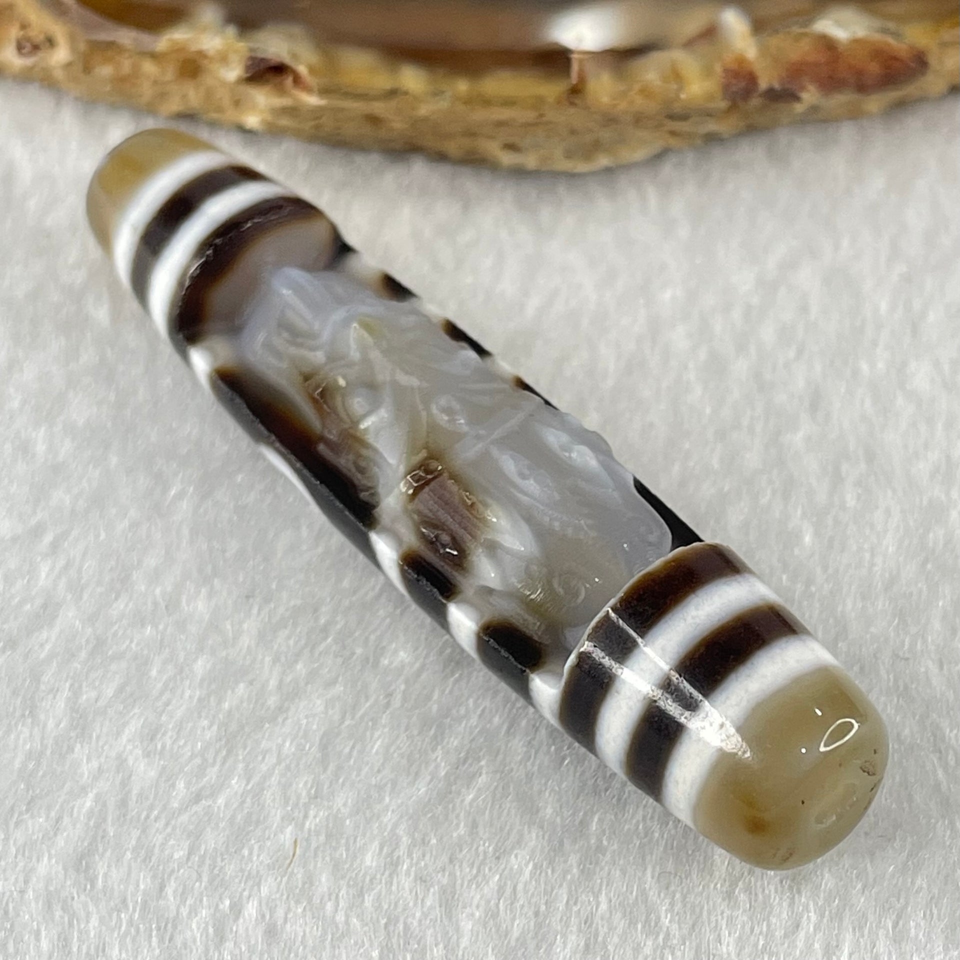 Natural Powerful Tibetan Old Oily Agate 2 Eye with Zha Ji La Mu Female Cai Shen Carvings Dzi Bead Heavenly Master (Tian Zhu) 两眼扎基拉姆女财神天诛 13.65g 57.7 by 13.5mm - Huangs Jadeite and Jewelry Pte Ltd