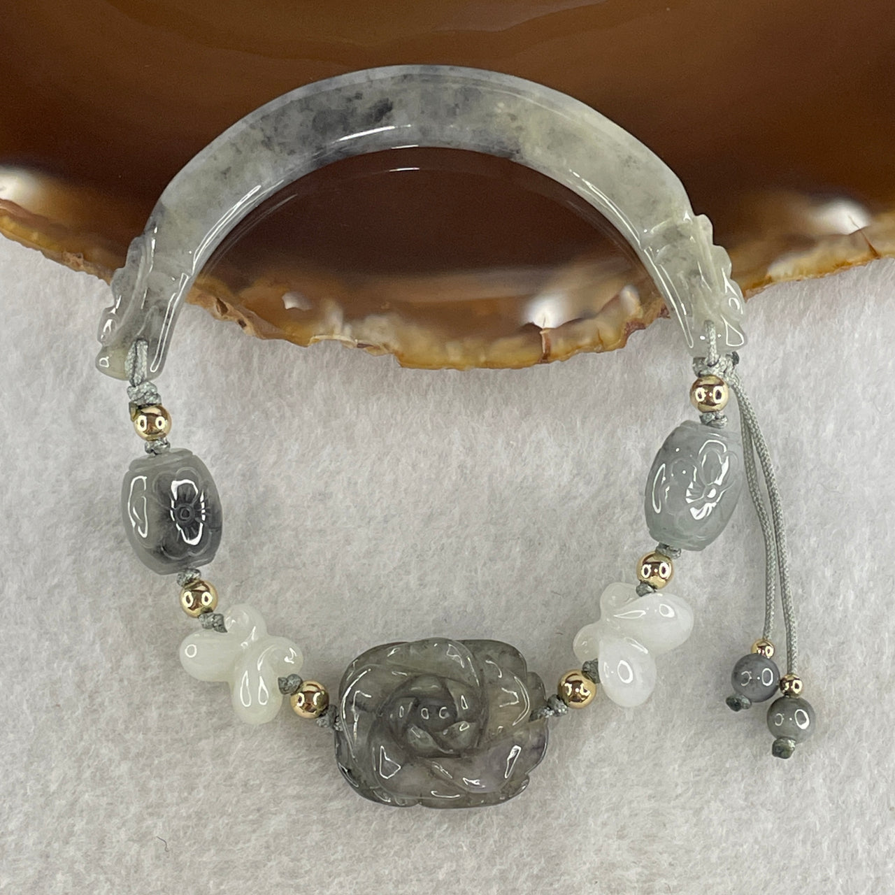 Natural Type A Jelly Wuji Grey Jadeite Double Dragon Head with Lotus Flowers and Butterfly Charm Bracelet 22.46g 4.2 by 8.7mm - Flower 21.1 by 17.2 by 9.7mm - Huangs Jadeite and Jewelry Pte Ltd