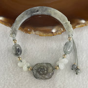 Natural Type A Jelly Wuji Grey Jadeite Double Dragon Head with Lotus Flowers and Butterfly Charm Bracelet 22.46g 4.2 by 8.7mm - Flower 21.1 by 17.2 by 9.7mm - Huangs Jadeite and Jewelry Pte Ltd