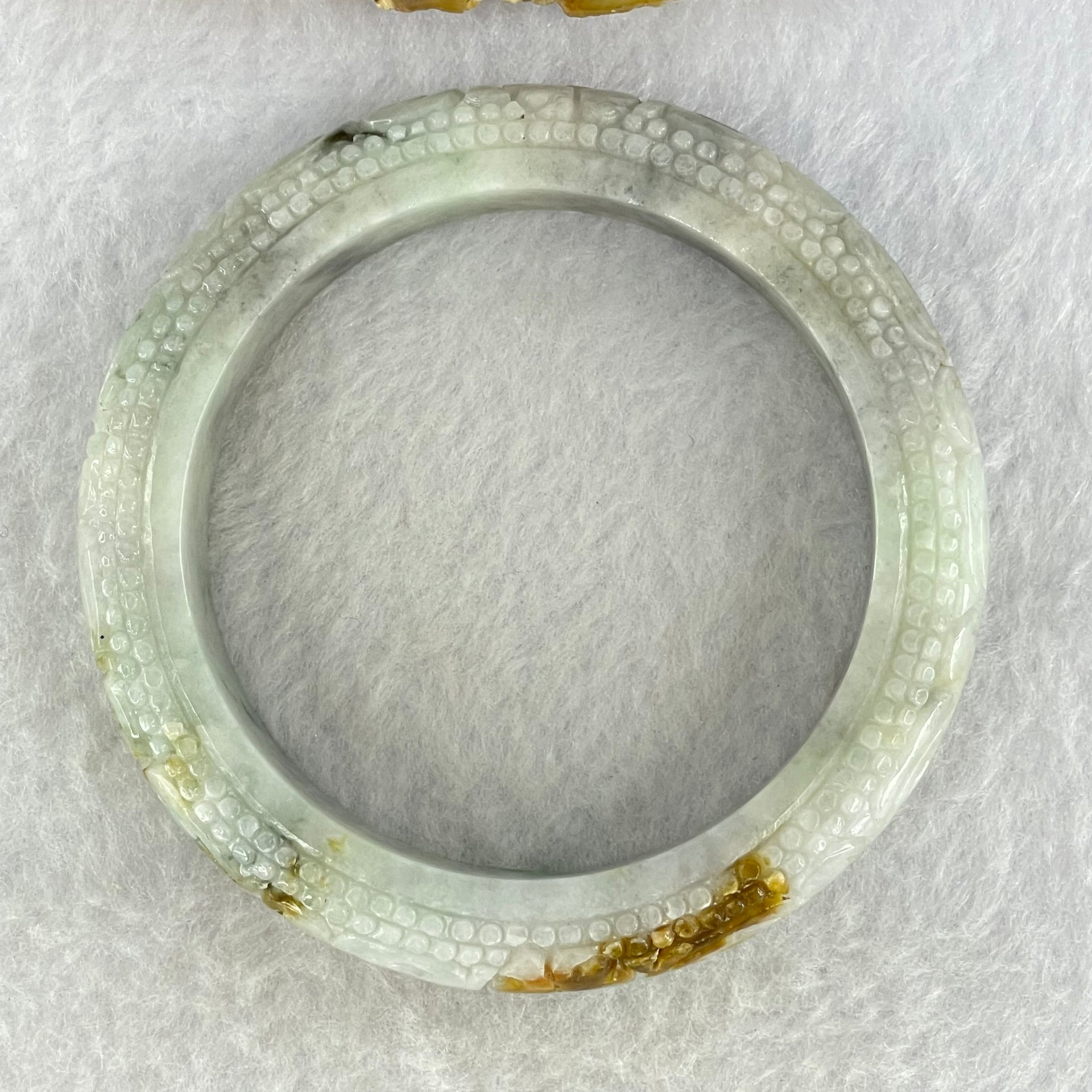 Type A Green Lavender with Brown Yellow Patches Jadeite Carved Ruyi Bangle Internal Diameter 56.3mm 76.21g 13.8 by 10.5mm (Internal Lines) - Huangs Jadeite and Jewelry Pte Ltd