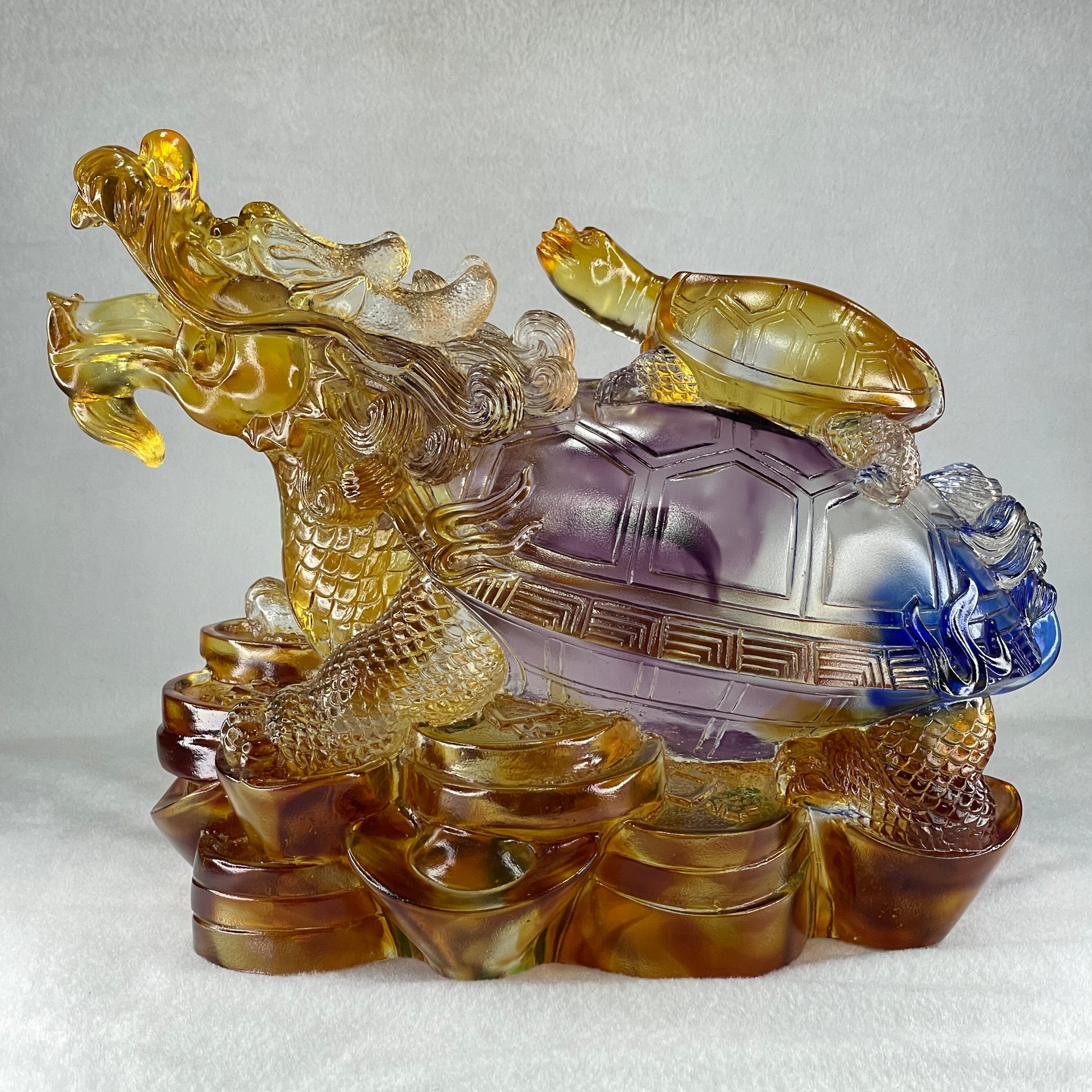 Liuli Orange Blue Dragon Turtle with Baby Turtle on Treasures Display 9,428.2g 270.0 by 185.0 by 210.0mm - Huangs Jadeite and Jewelry Pte Ltd