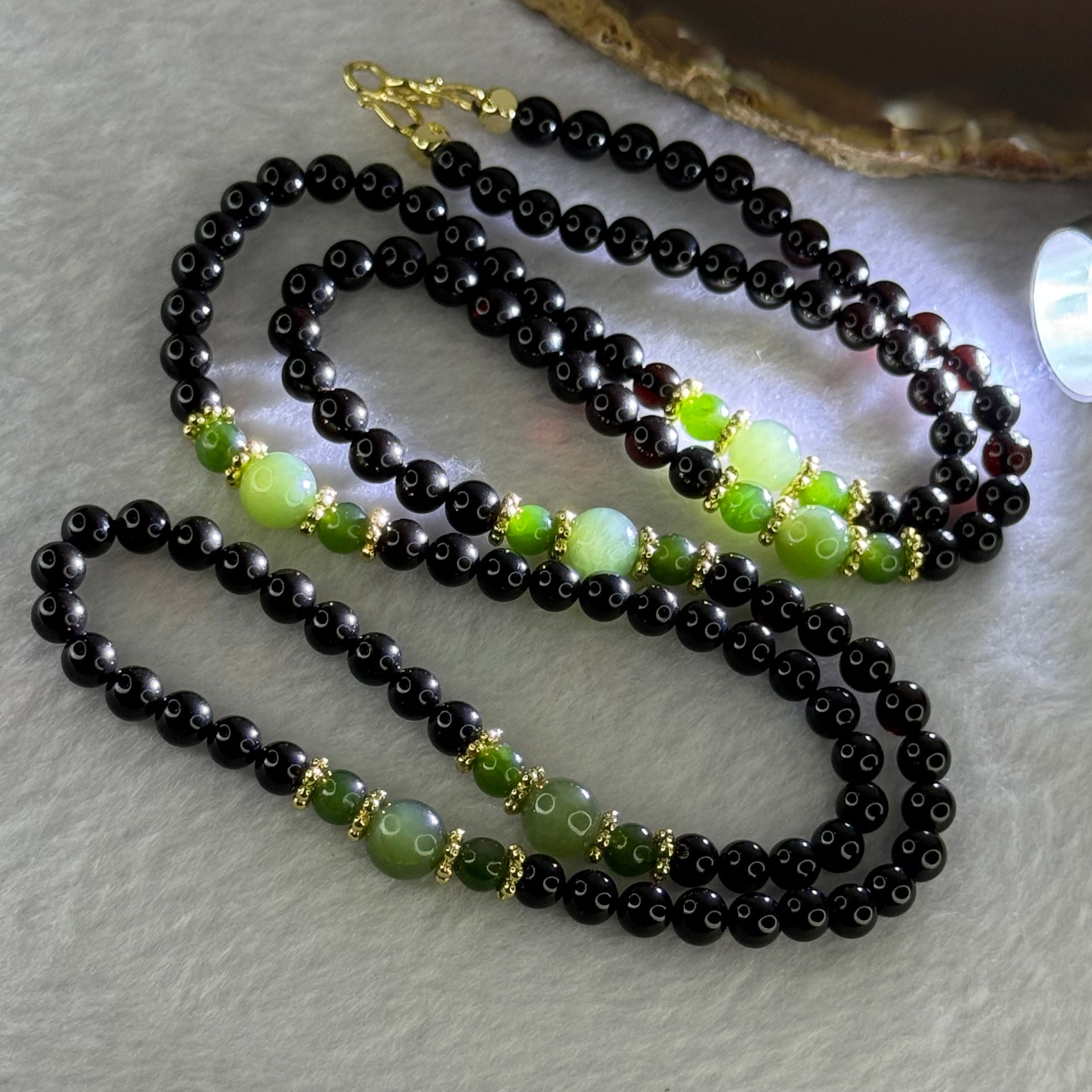 Natural Black Gold King Amber Beads with Crystals Necklace 天然黑金翁王琥珀项链 24.48g 76cm 8.0mm 6 Beads 5.9mm 154 Beads - Huangs Jadeite and Jewelry Pte Ltd