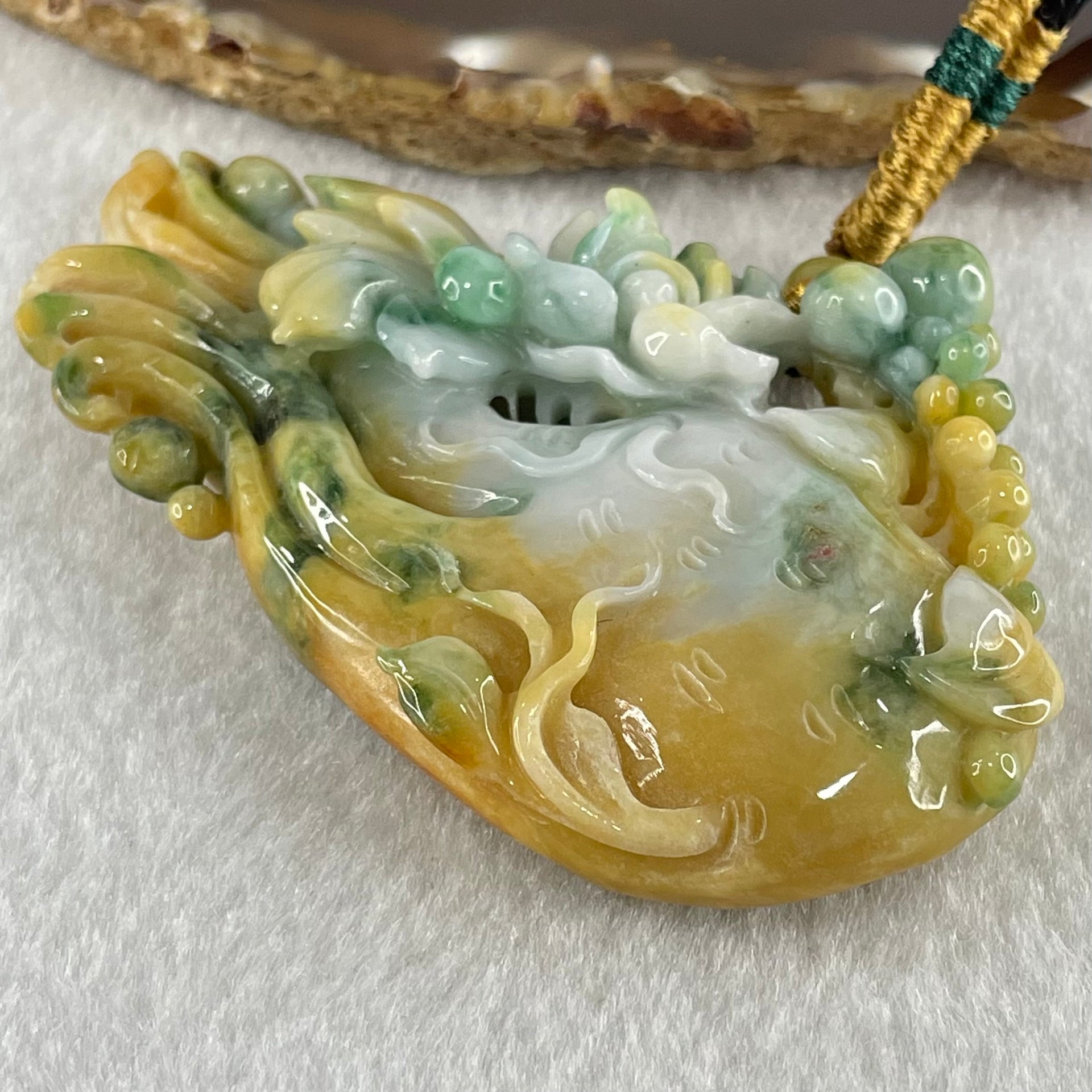Grandmaster Type A Yellow and Lavender Patches with Old Mine Green Piao Hua Jadeite Flowers Pendant 人生如意 75.81g 84.1 by 55.7 by 14.8mm - Huangs Jadeite and Jewelry Pte Ltd