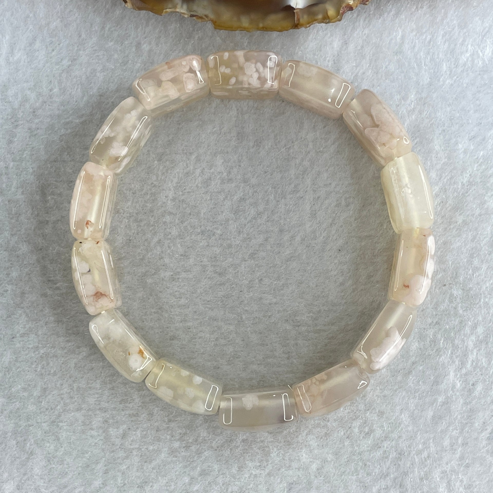 Natural Pinkish Flower Agate Shou Pai Bracelet 38.03g 16.5cm 14.2mm 14 Pcs - Huangs Jadeite and Jewelry Pte Ltd
