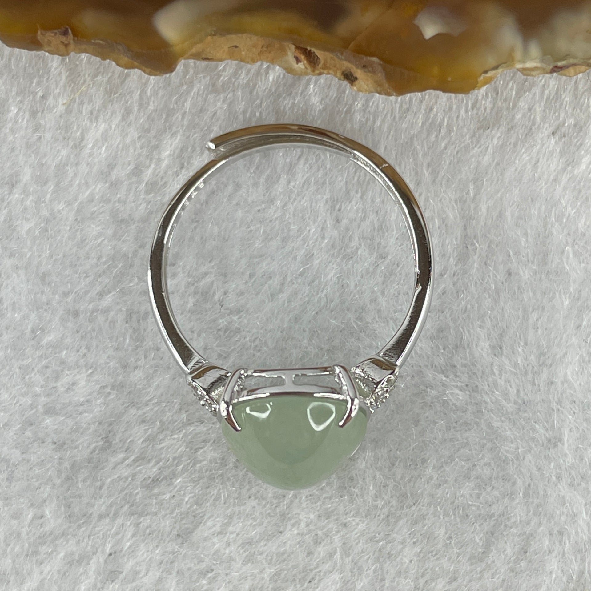 Natural Type A Semi Icy Faint Green Jadeite Oval Shape Cabouchon in S925 Silver Ring (Adjustable Size) 2.26g 11.3 by 9.1 by 5.0mm - Huangs Jadeite and Jewelry Pte Ltd