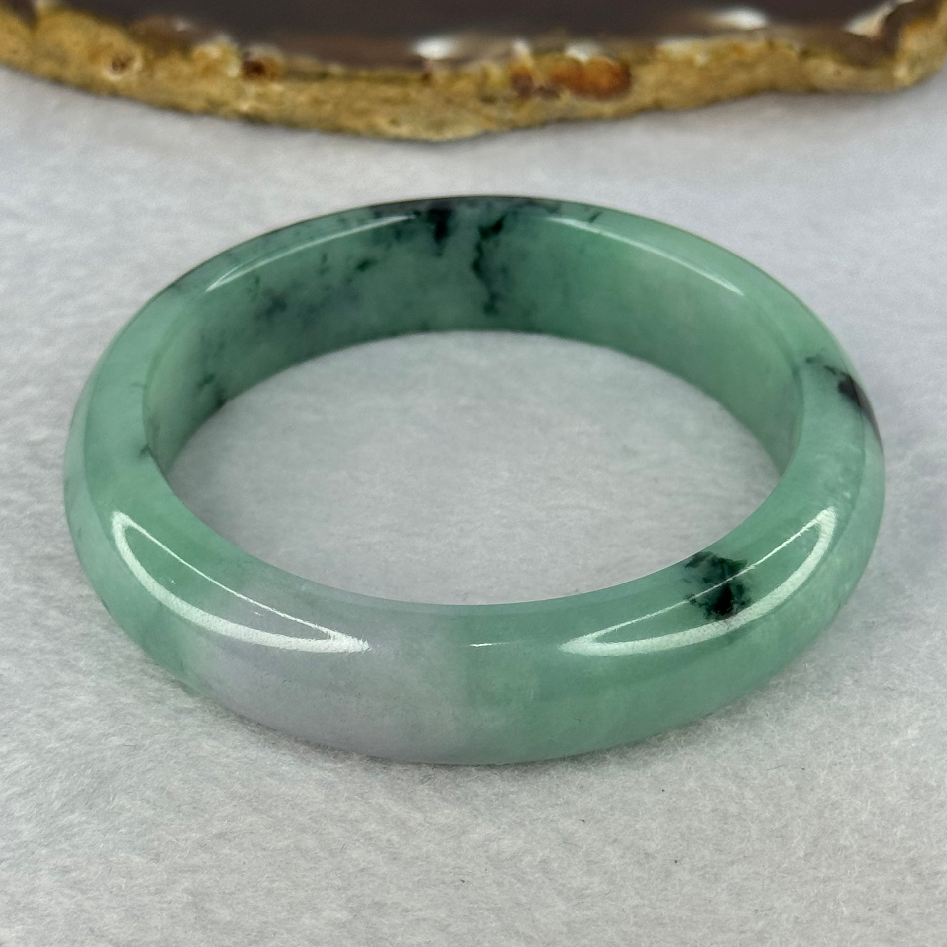 Type A Bright Green with Lavender Patch and Moss Green Piao Hua Jadeite Bangle Internal Diameter 55.1mm 61.38g 14.1 by 8.8mm - Huangs Jadeite and Jewelry Pte Ltd