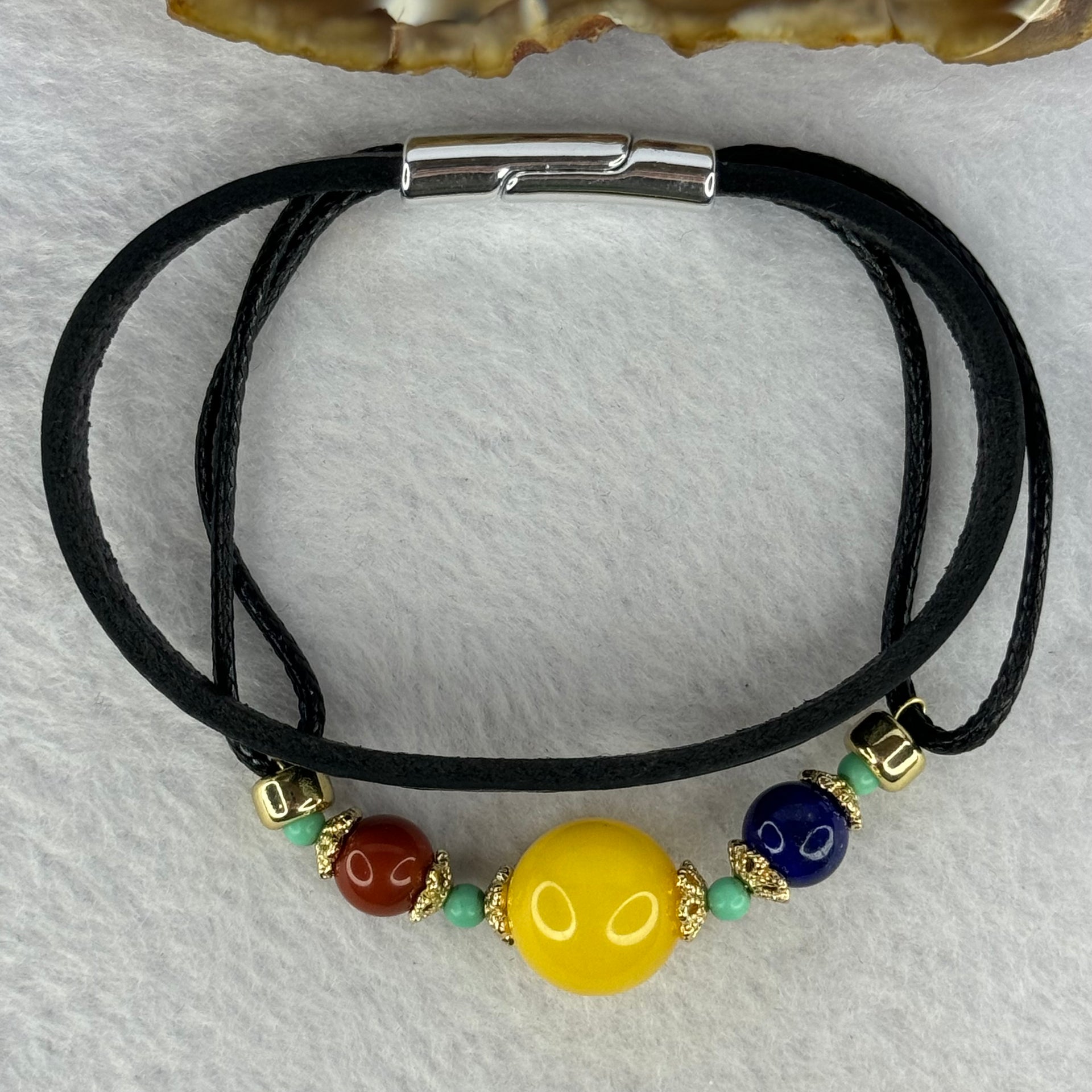 Natural Butterscotch Amber with Red Cinnabar, Lapis Lazuli and Turquoise Beads Leather Bracelet 11.92g 15cm 13.0mm - Huangs Jadeite and Jewelry Pte Ltd