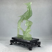 Natural Green Serpentine Phoenix Birds on Tree with Wooden Stand Display 366.6g 139.0 by 198.0 by 75.0mm - Huangs Jadeite and Jewelry Pte Ltd
