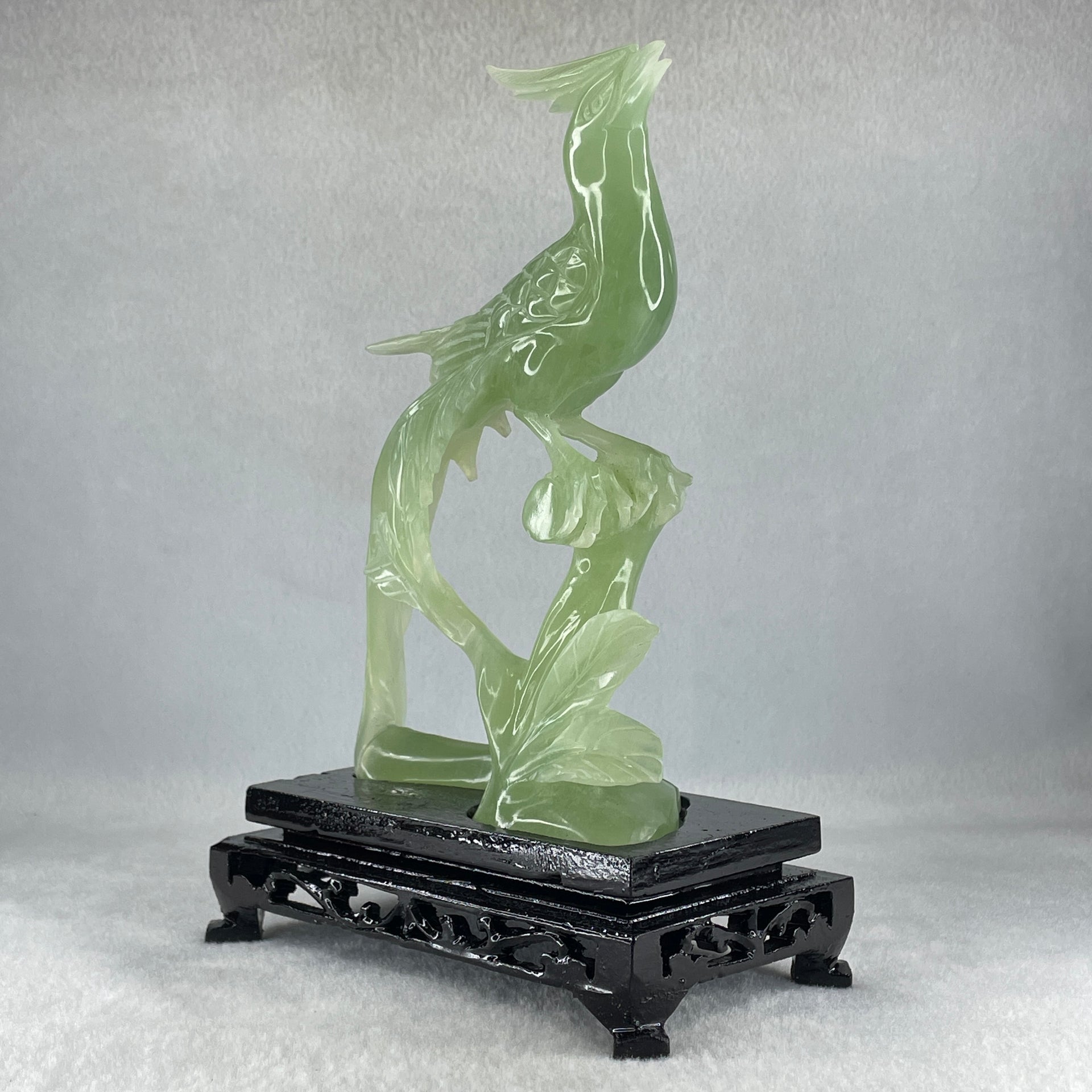Natural Green Serpentine Phoenix Birds on Tree with Wooden Stand Display 366.6g 139.0 by 198.0 by 75.0mm - Huangs Jadeite and Jewelry Pte Ltd