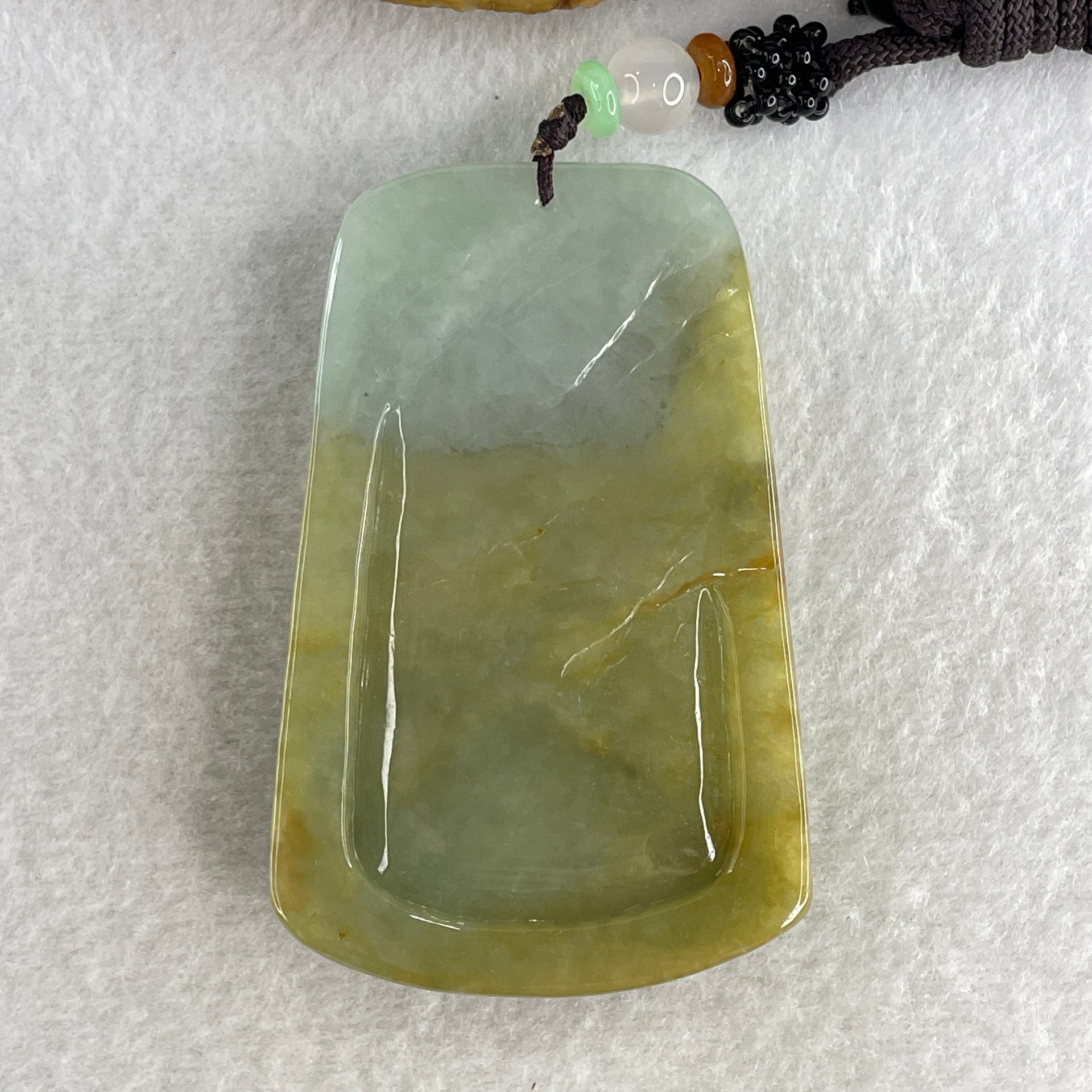 Natural Type A Yellowish Green with Sky Blue Jadeite Shan Shui with Gui Ren Benefactor Pendant 76.29g 67.4 by 43.0 by 12.0mm - Huangs Jadeite and Jewelry Pte Ltd