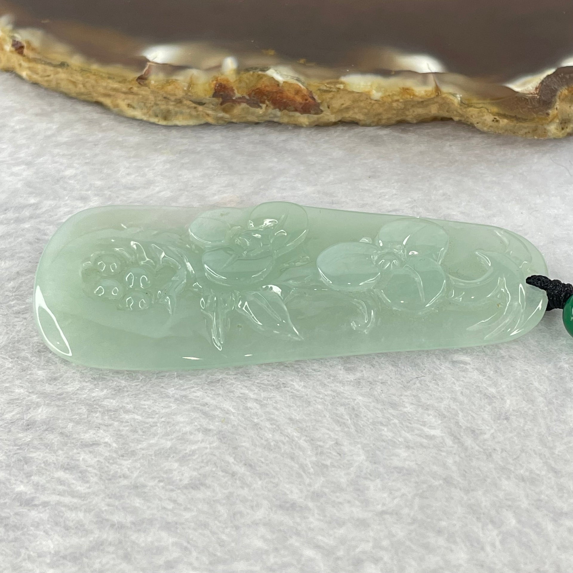 Type A Semi Icy Green Jadeite Flowers Pendent 18.53g 58.4 by 24.3 by 5.2mm - Huangs Jadeite and Jewelry Pte Ltd