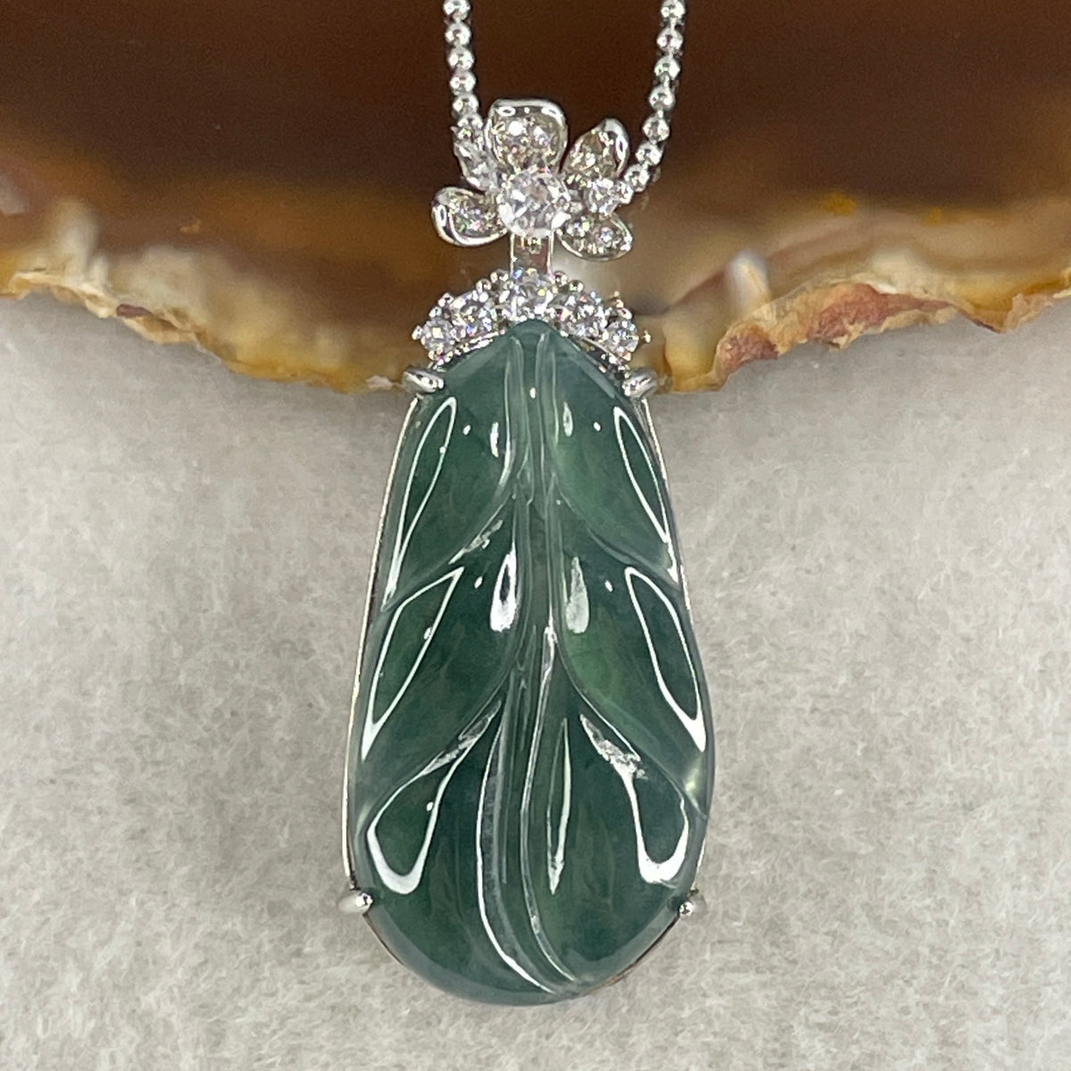 Natural Type A Blueish Green Jadeite Leaf Necklace in S925 Silver | (9.64g | 44cm S925 | 29.8 x 16.5 x 3.5mm | Career Success & Growth Anchor, Feng Shui Prosperity & Executive Charm Necklace) - Huangs Jadeite and Jewelry Pte Ltd