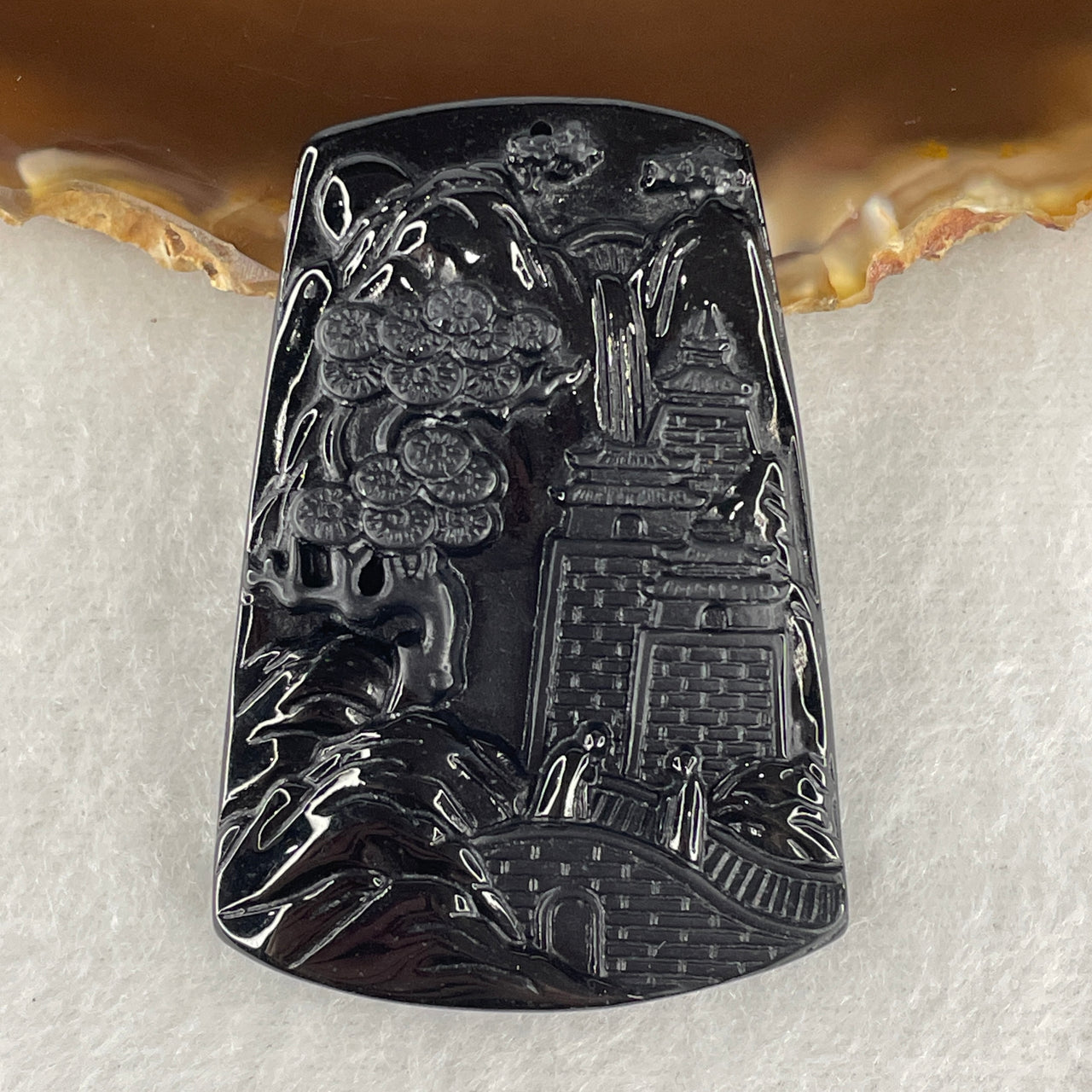 Certified Natural Type A Black Omphacite Jadeite Pagoda Shan Shui with Guiren Benefactor Pendant 22.04g 52.7 by 36.6 by 8.0mm