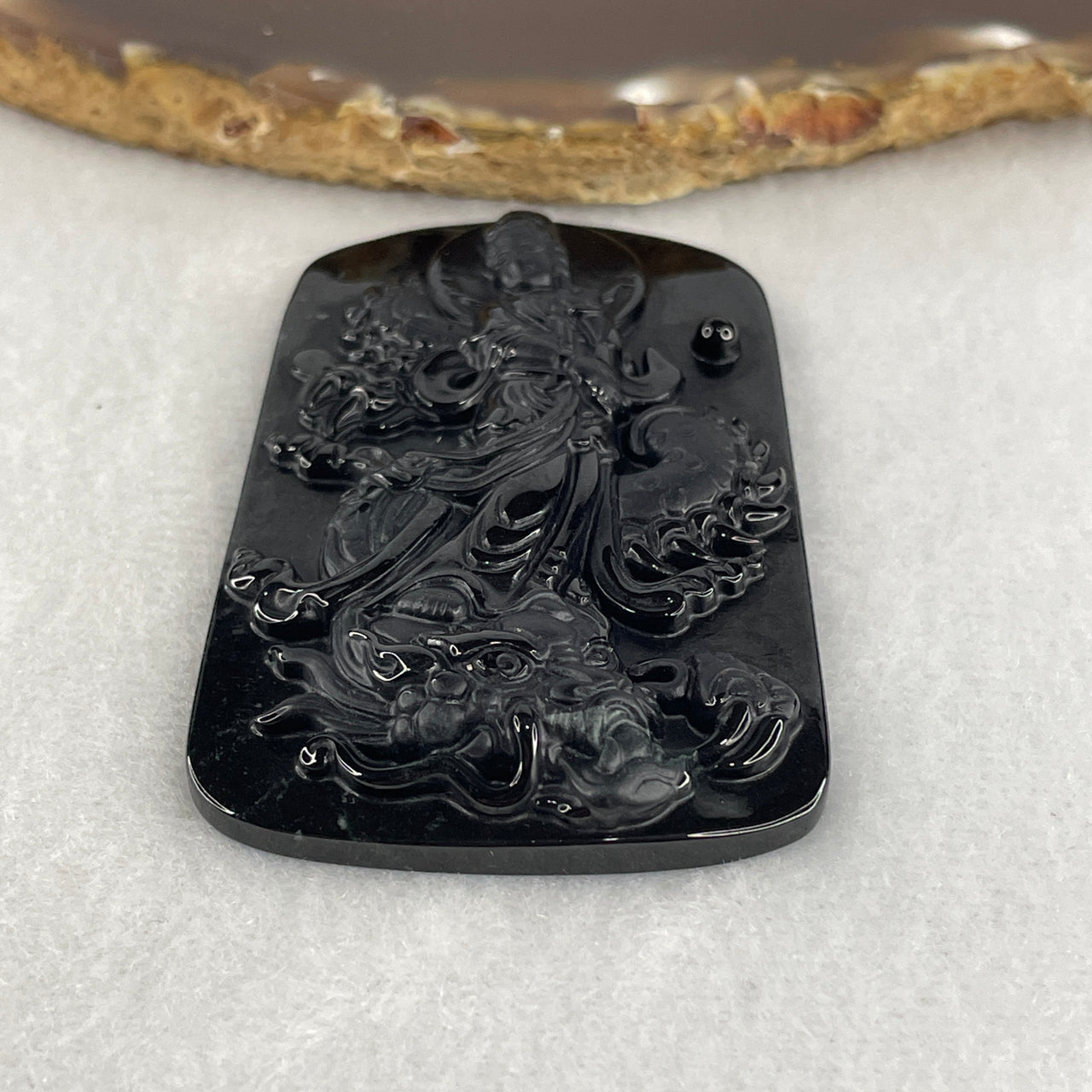 Certified Type A Opaque Black Omphacite Jadeite Bodhisattva Samantabhadra on Dragon Pendant | Great Practice & Dragon/Snake Zodiac Talisman (28.66g | 67.0 x 41.1 x 8.0mm)
