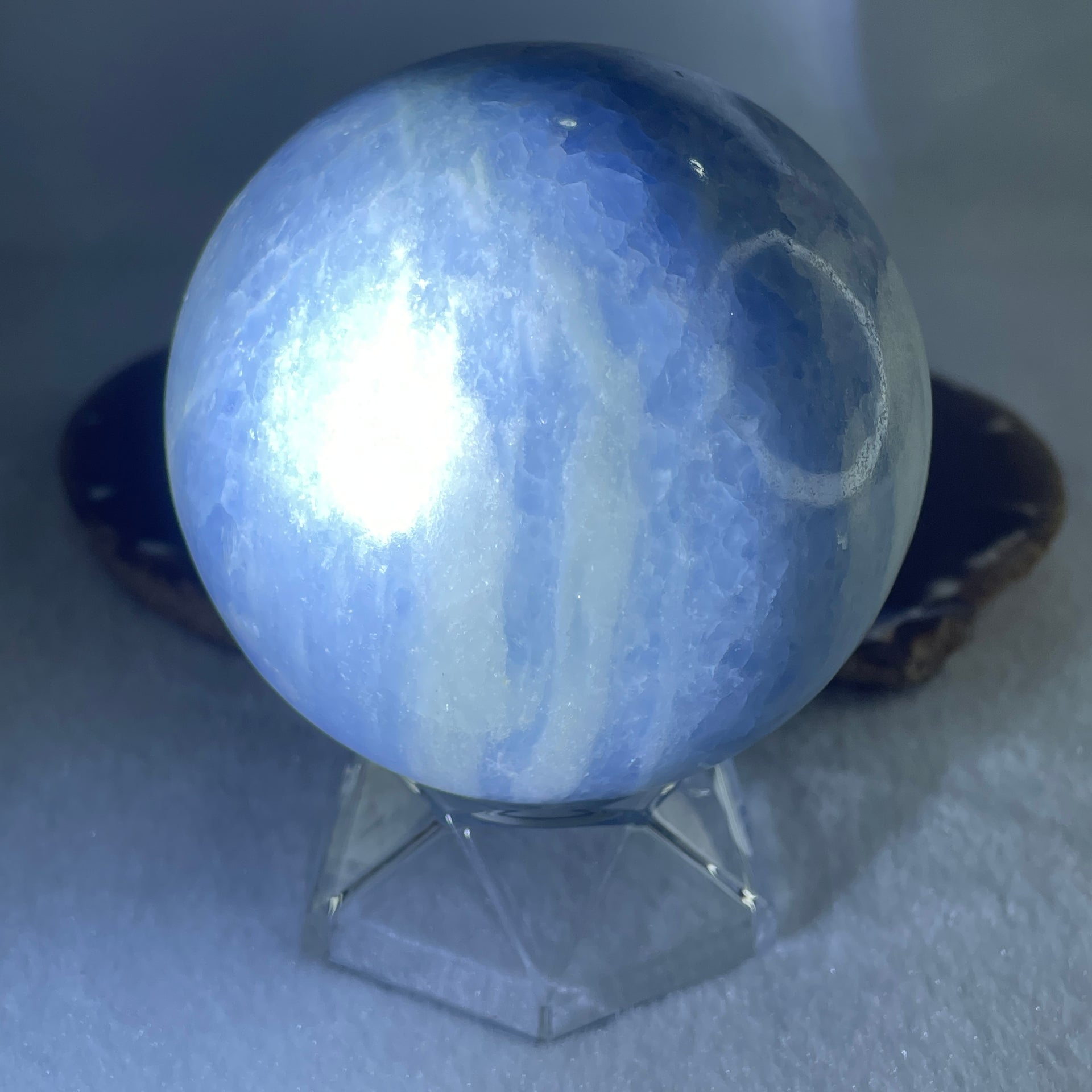 Natural Blue Calcite Ball with Clear Acrylic Display 662.31g 76.5 by 94.5mm - Huangs Jadeite and Jewelry Pte Ltd