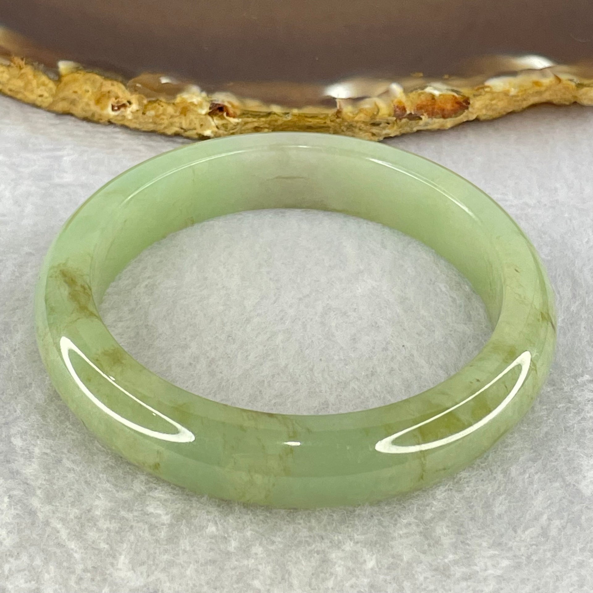 Type A Jelly Light Green and Brown Patches Jadeite Bangle Internal Diameter 54.2mm 49.77g 12.1 by 8.0mm (Slight Internal Lines) - Huangs Jadeite and Jewelry Pte Ltd