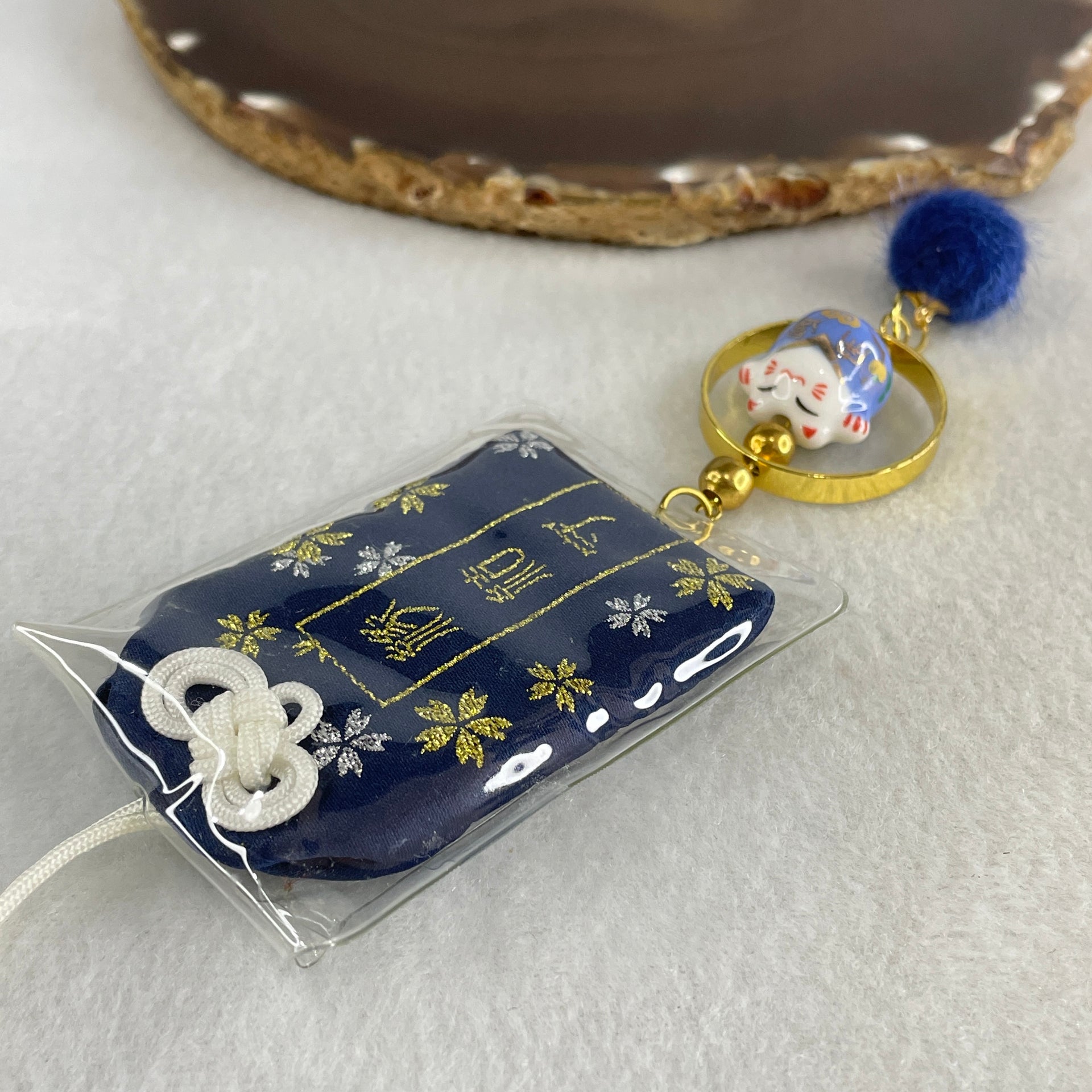 Porcelain Blue Fortune Cat Charm 13.62g 15.0 by 17.0 by 14.2mm - Huangs Jadeite and Jewelry Pte Ltd