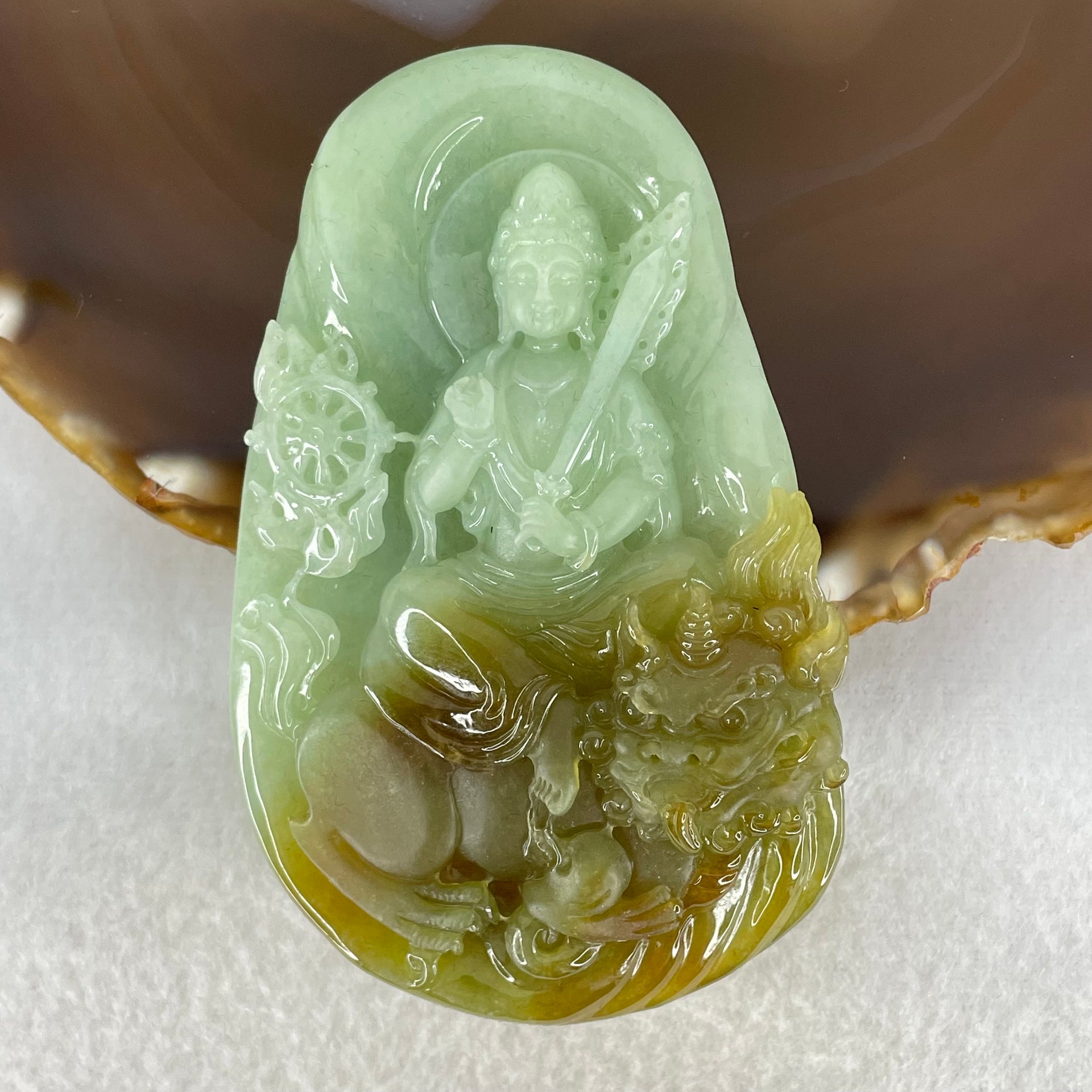 Grand Master Type A Apple Green and Brownish Jadeite Guan Yin Manjusri Bodhisattva Pendant 88.98g 82.5 by 5.3 by 14mm - Huangs Jadeite and Jewelry Pte Ltd