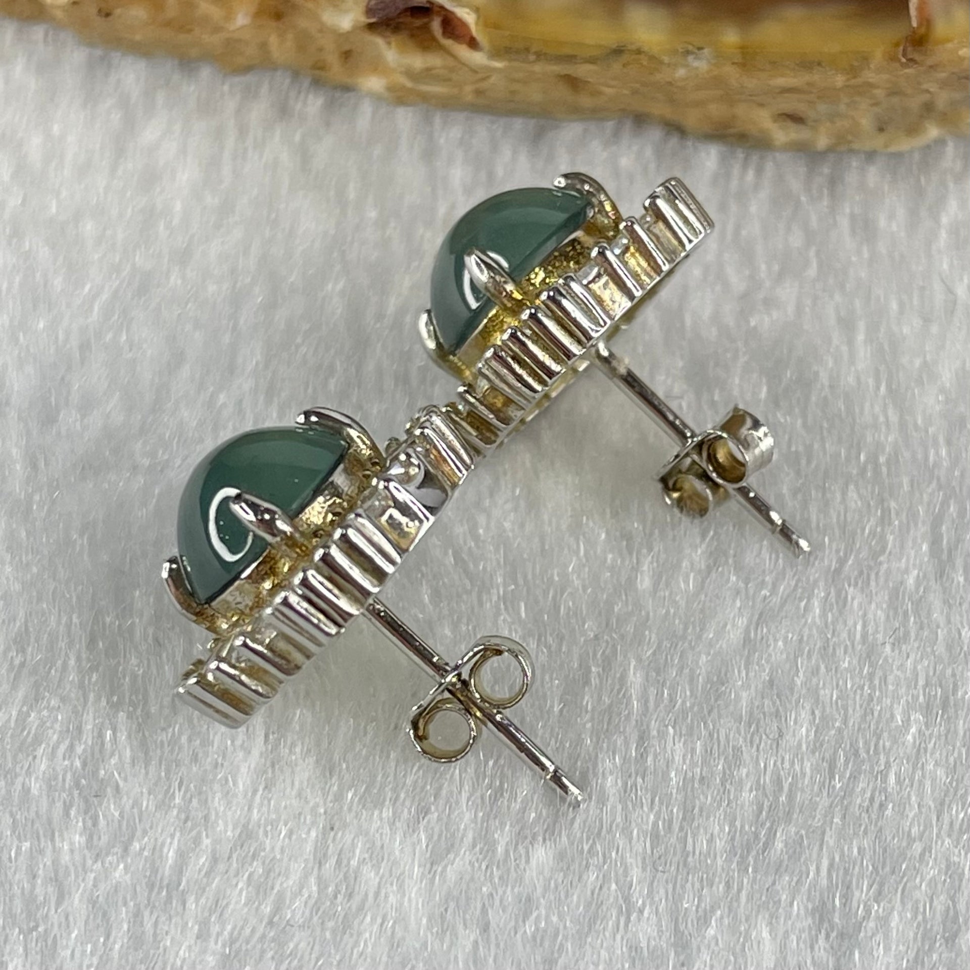 Type A Icy Blueish Green Jadeite Cabochons With Crystals in S925 Sliver Earrings 3.72g 7.1 by 4.5mm - Huangs Jadeite and Jewelry Pte Ltd