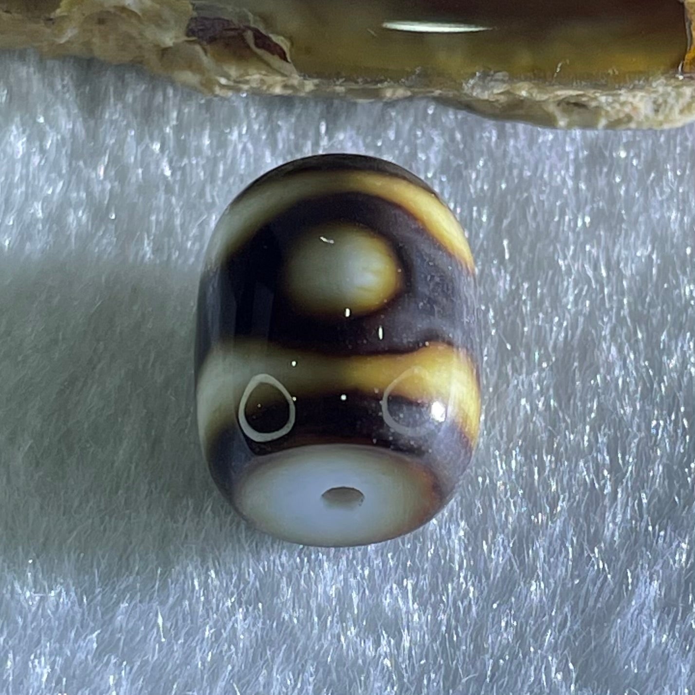 Natural Powerful Tibetan Old Oily Dark Brown with White Agate 3 Eyes Dzi Bead Heavenly Master (Tian Zhu) 三眼天诛 2.87g 13.7 by 11.0mm - Huangs Jadeite and Jewelry Pte Ltd