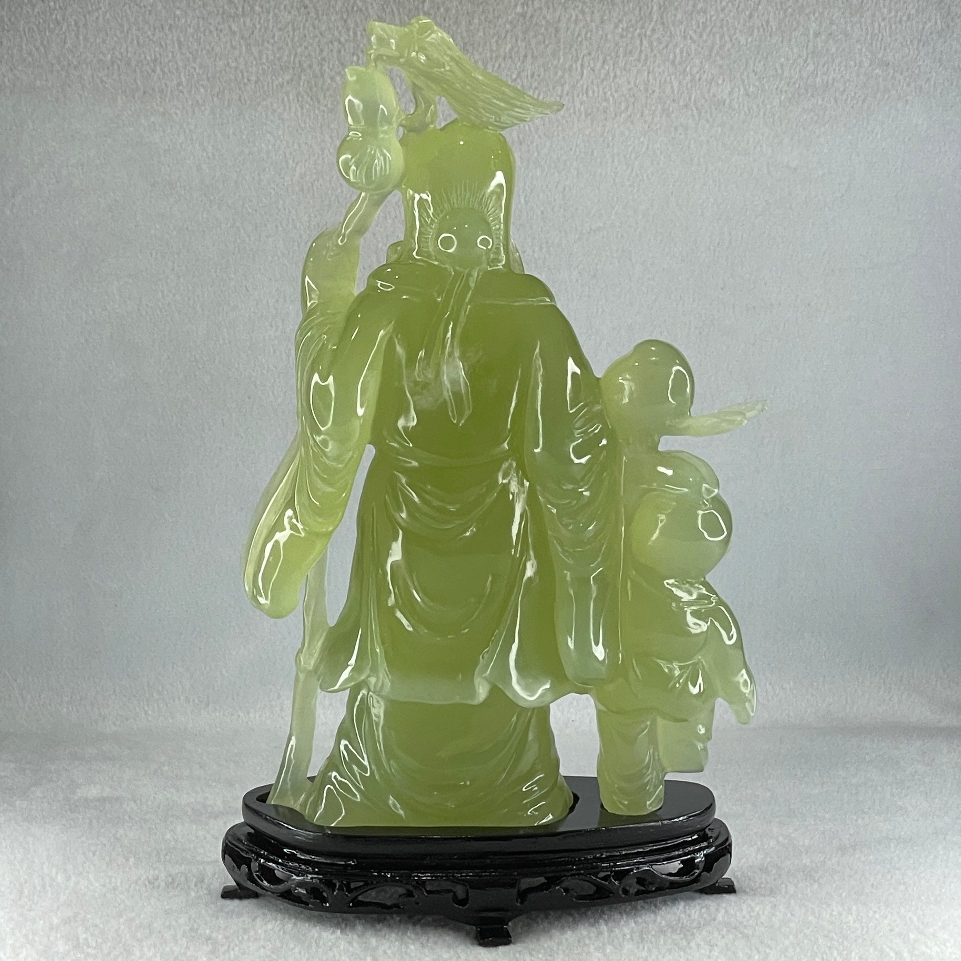 Natural Green Serpentine Shou Xing Gong and Tong Zi with Wooden Stand Display 1,535.1g 160.0 by 276.0 by 68.0mm - Huangs Jadeite and Jewelry Pte Ltd