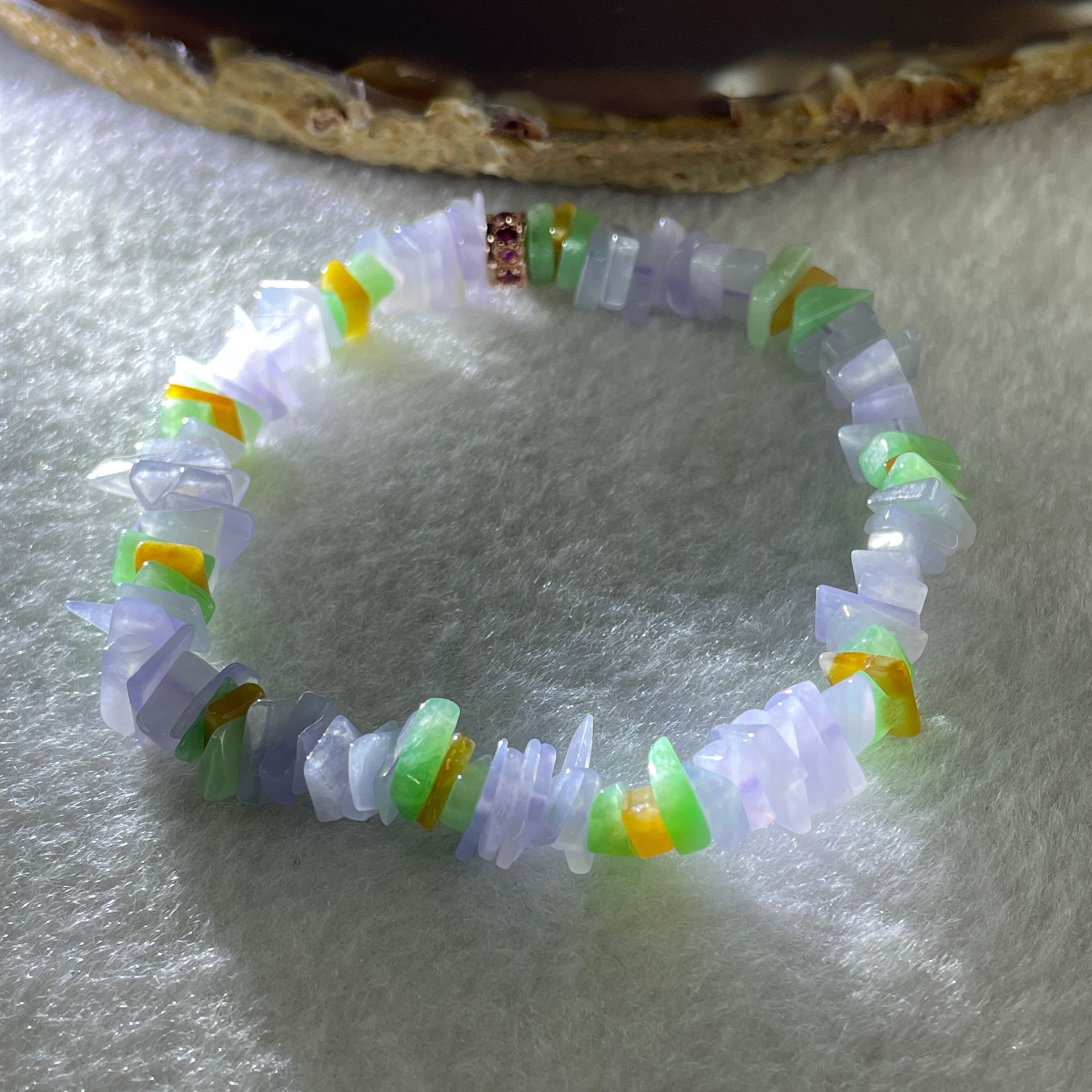 Natural Type A Lavender with Green Yellow Jadeite Irregular Bracelet 14.36g 14cm 8.2mm 94 Pcs - Huangs Jadeite and Jewelry Pte Ltd