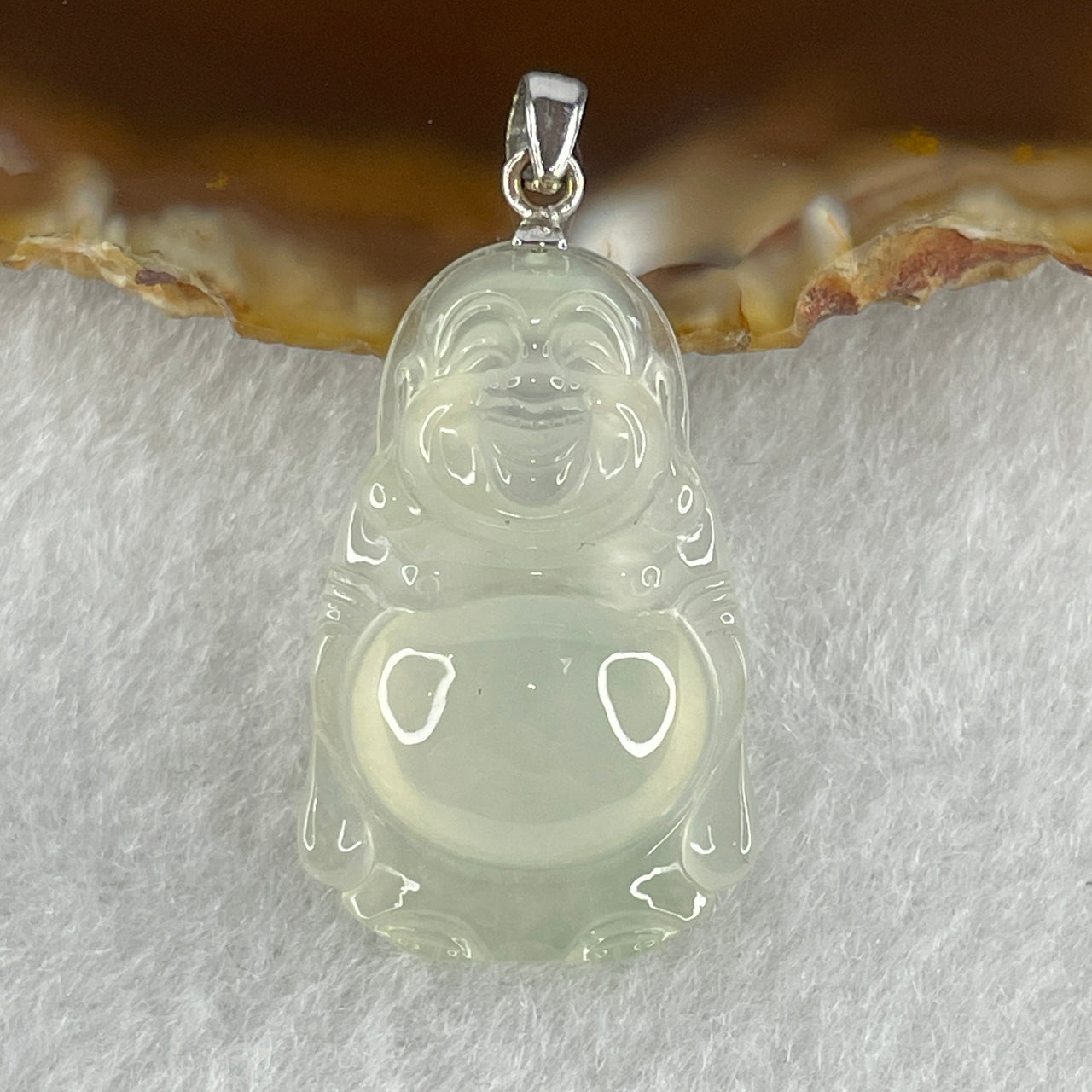 High Grade Natural Type A High Icy Near Colorless Jadeite Milo Buddha in 18K White Gold Clasp 5.39g 29.0 by 19.1 by 6.7mm