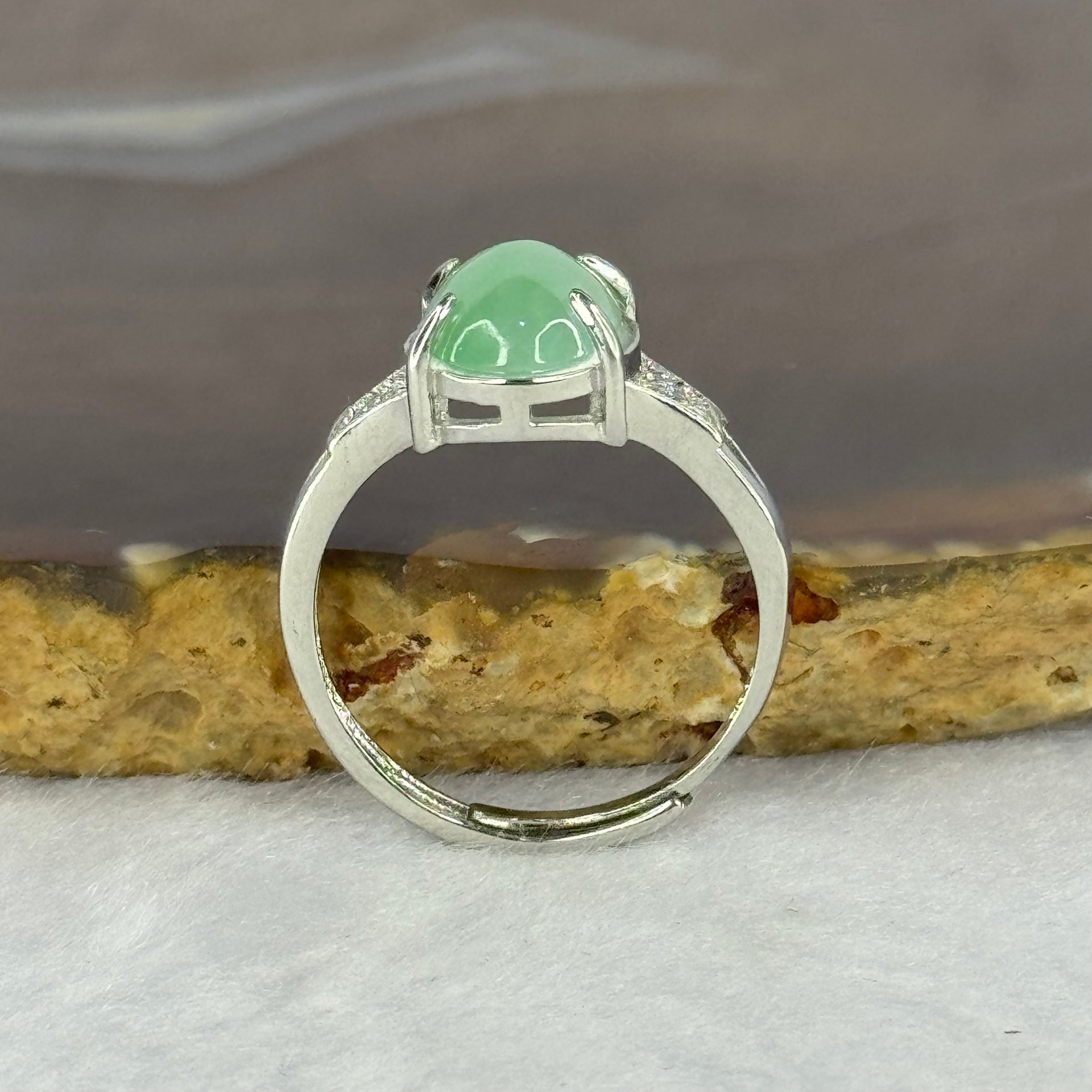 Type A Green Jadeite with Crystals in S925 Sliver Ring (Adjustable Size) 2.61g 11.2 by 9.3 by 4.5mm - Huangs Jadeite and Jewelry Pte Ltd