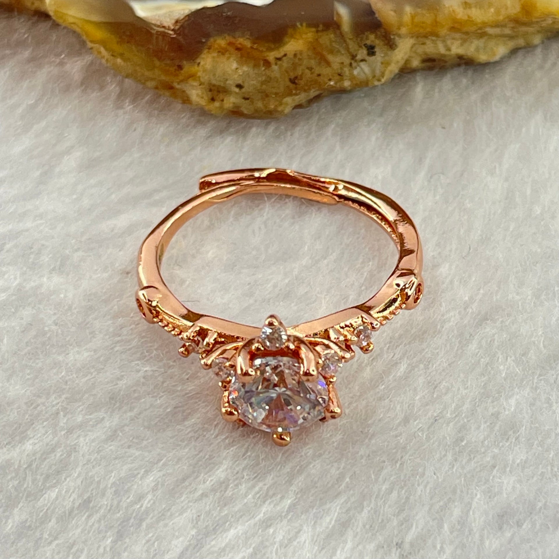 Colourless Cubic Zirconia with Crystals In PT950 Plated Sliver Rose Gold Color Ring (Adjustable Size) 2.41g 7.1 by 4.2mm - Huangs Jadeite and Jewelry Pte Ltd