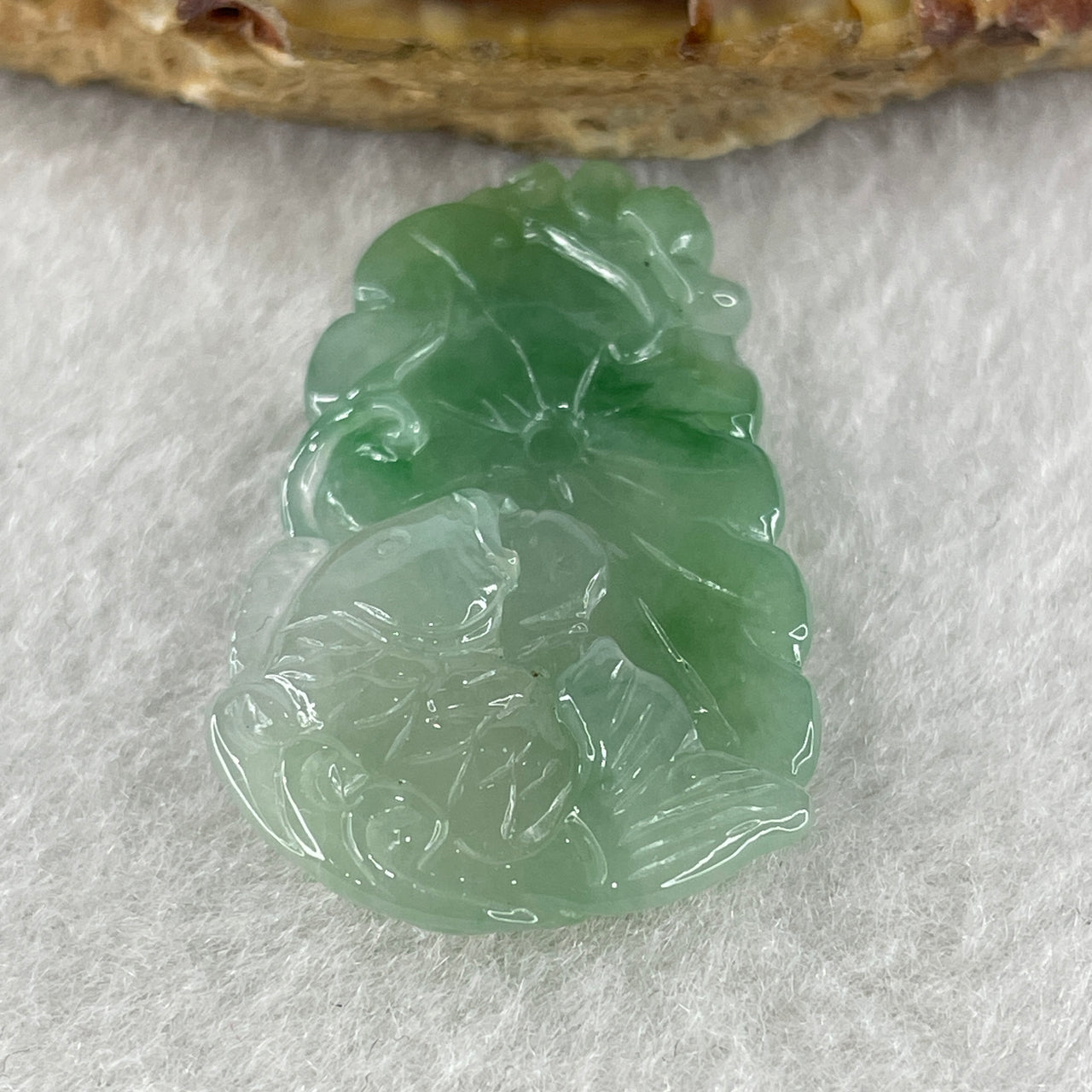 Natural Type A Jelly Green with Faint Green and Emerald Green Jadeite Carp Fish on Lotus Leaf Pendant 6.34g 34.1 by 20.3 by 6.3mm - Huangs Jadeite and Jewelry Pte Ltd