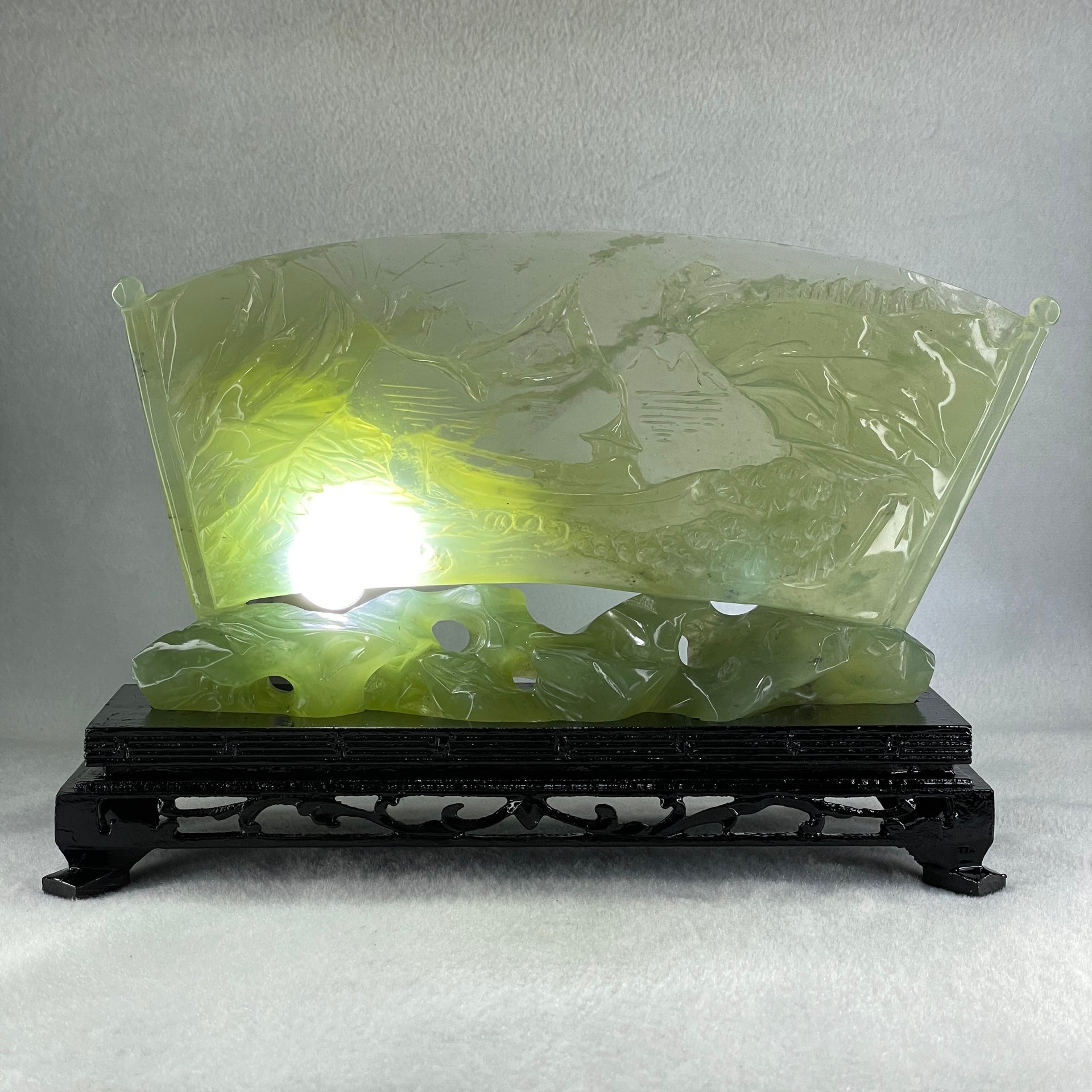 Natural Icy Light Green Serpentine Shan Shui with Gui ren Benefactor on Boat with Twin Birds with Wooden Stand Display 695.1g 242.0 by 164.0 by 83.0mm - Huangs Jadeite and Jewelry Pte Ltd