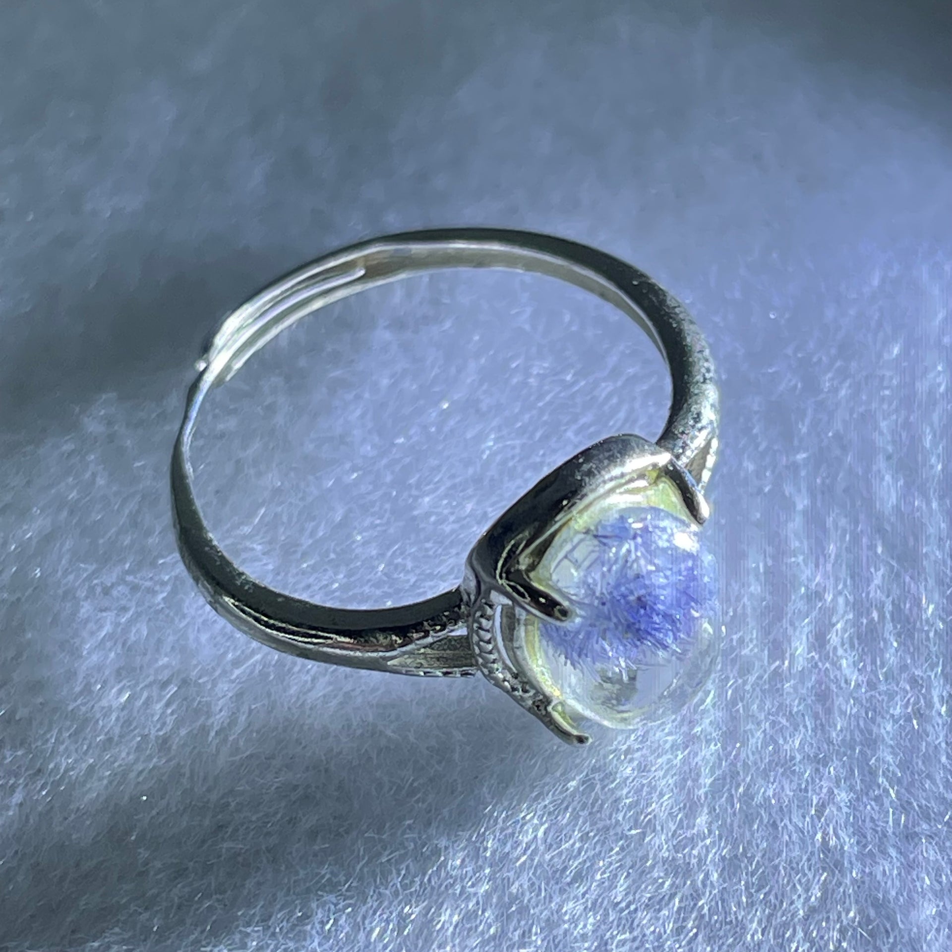 Rare Good Grade Natural Blue Dumortierite Rutilated Quartz in S925 Sliver Ring (Adjustable Size) 1.59g 9.6 by 6.7 by 4.0mm - Huangs Jadeite and Jewelry Pte Ltd