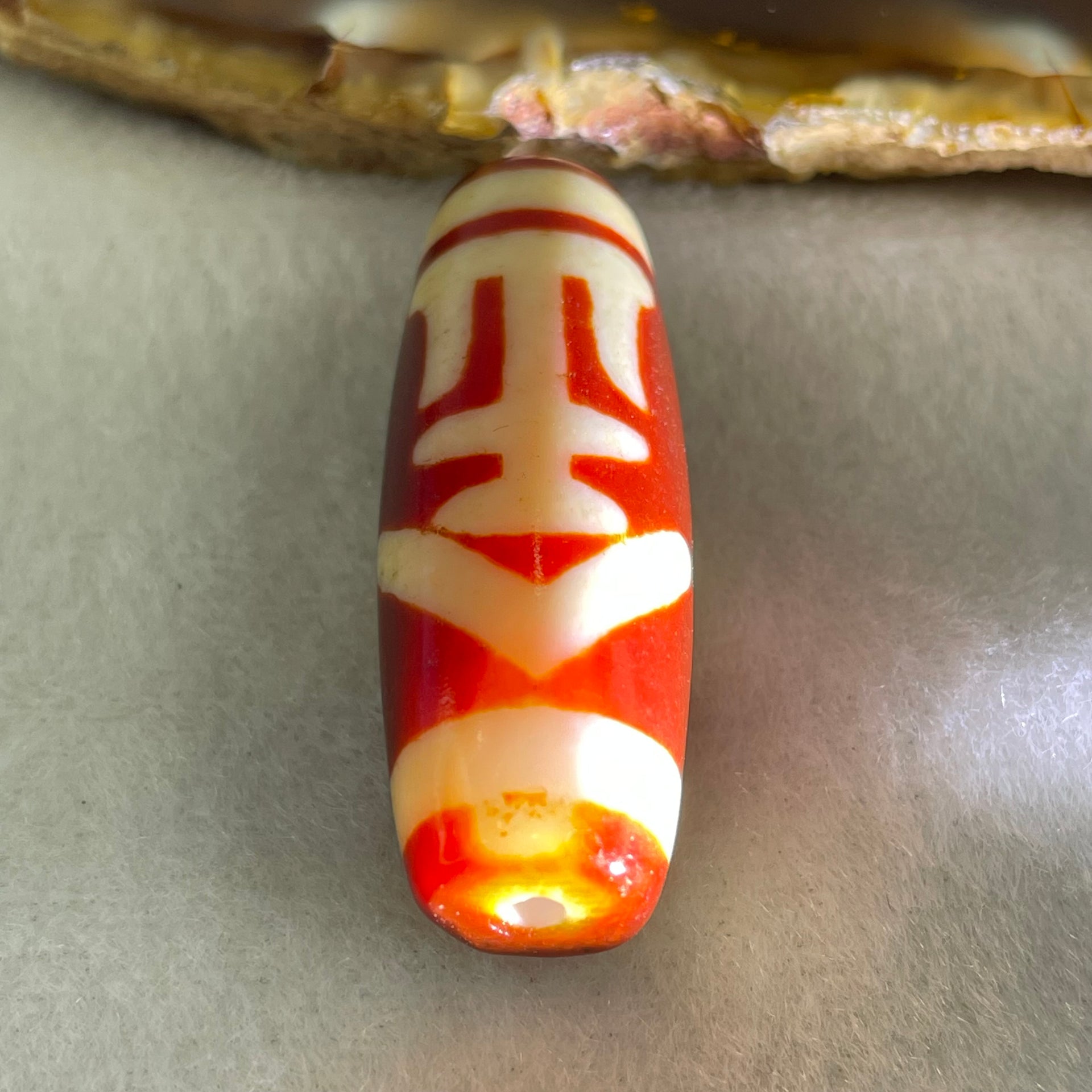 Natural Powerful Tibetan Old Oily Red White Agate One Eye Gold Metal Element Dzi Bead Heavenly Master (Tian Zhu) 一眼金天珠 10.96g 37.5 by 13.5mm - Huangs Jadeite and Jewelry Pte Ltd