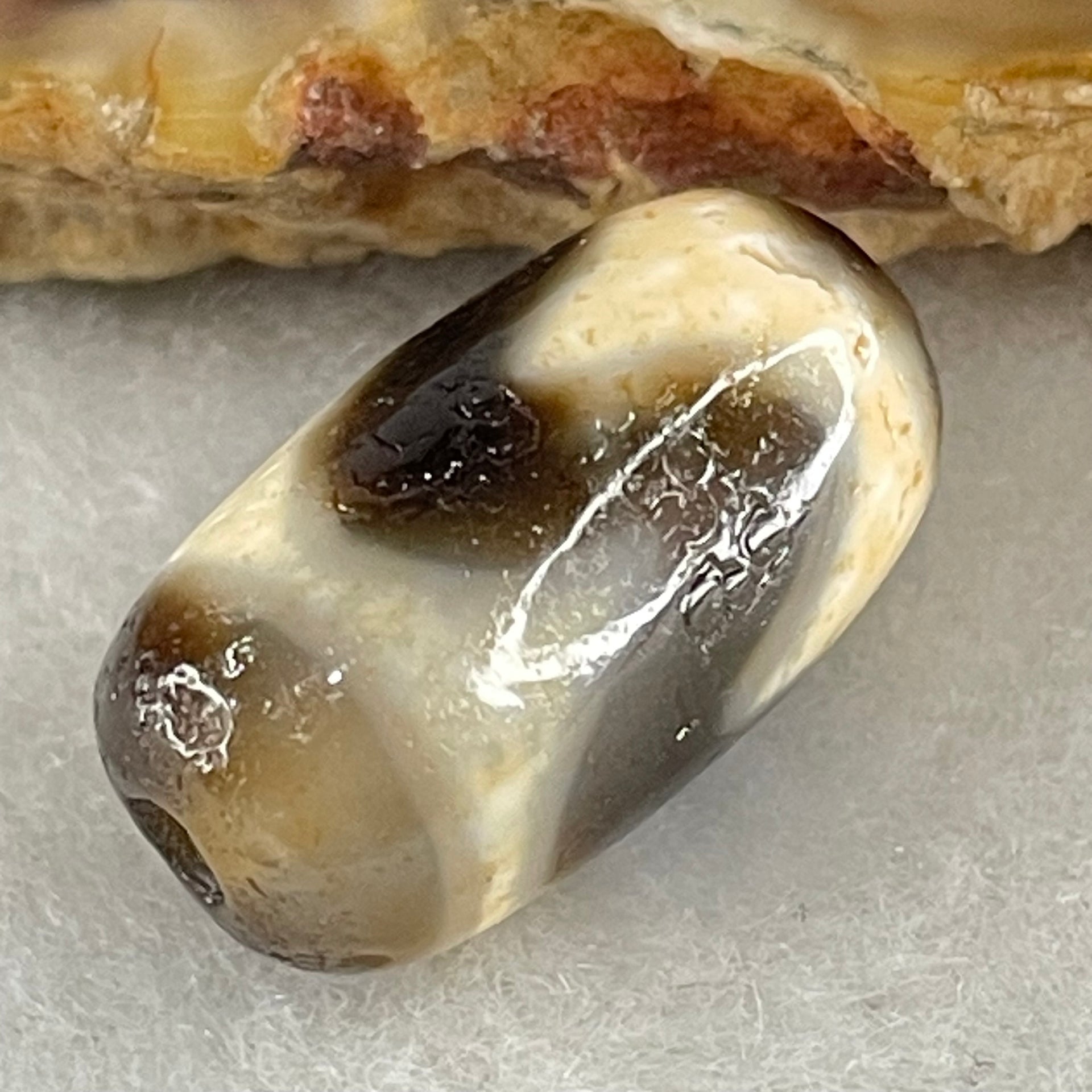 Natural Powerful Tibetan Old Oily Agate Tiger Tooth Daluo Dzi Bead Heavenly Master (Tian Zhu) 2.86g 18.6 by 10.3mm - Huangs Jadeite and Jewelry Pte Ltd