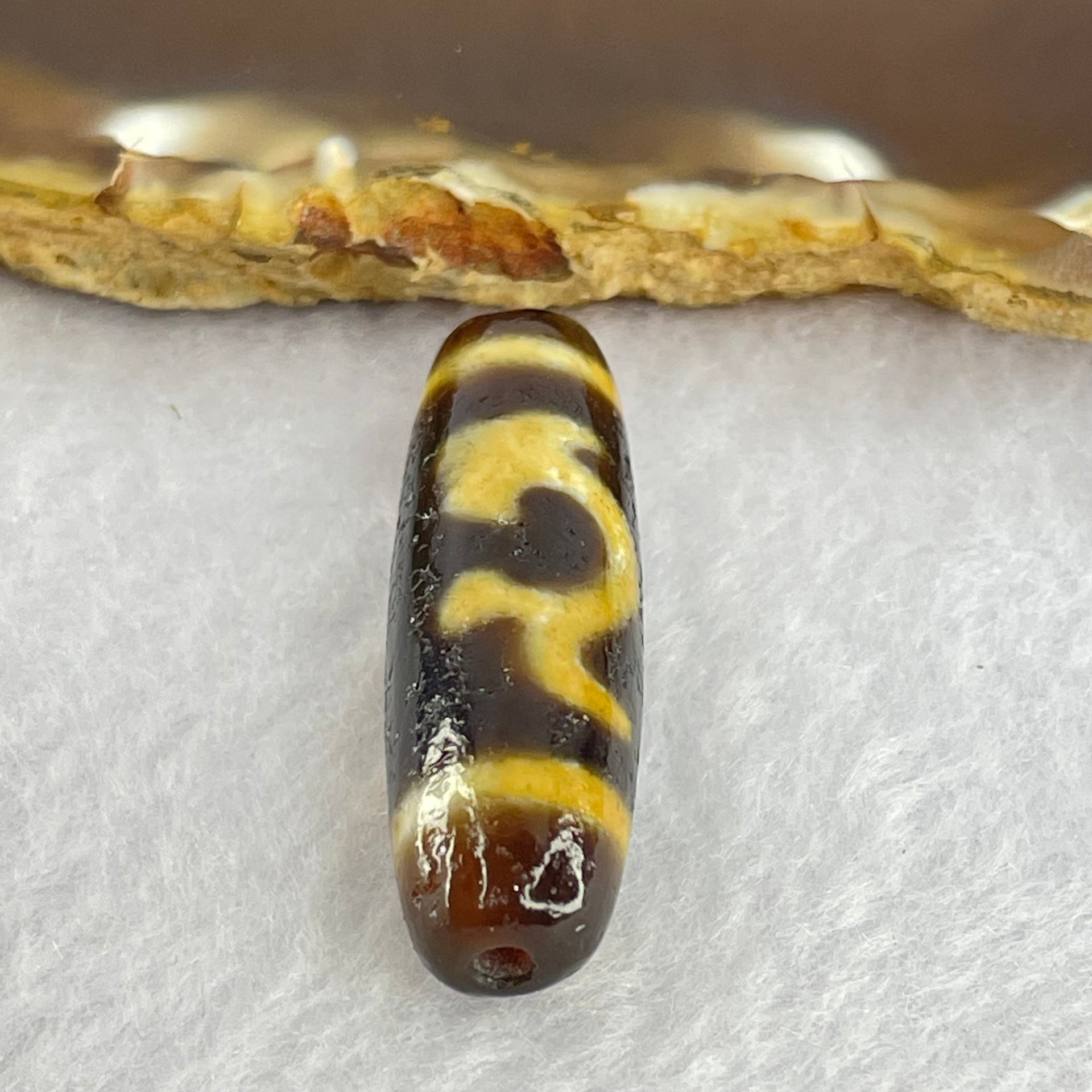 Natural Powerful Tibetan Old Oily Brown Yellowish White Agate Green Tara Dzi Bead Heavenly Master (Tian Zhu) 绿度母天珠 7.47g 38.2 by 11.6mm - Huangs Jadeite and Jewelry Pte Ltd