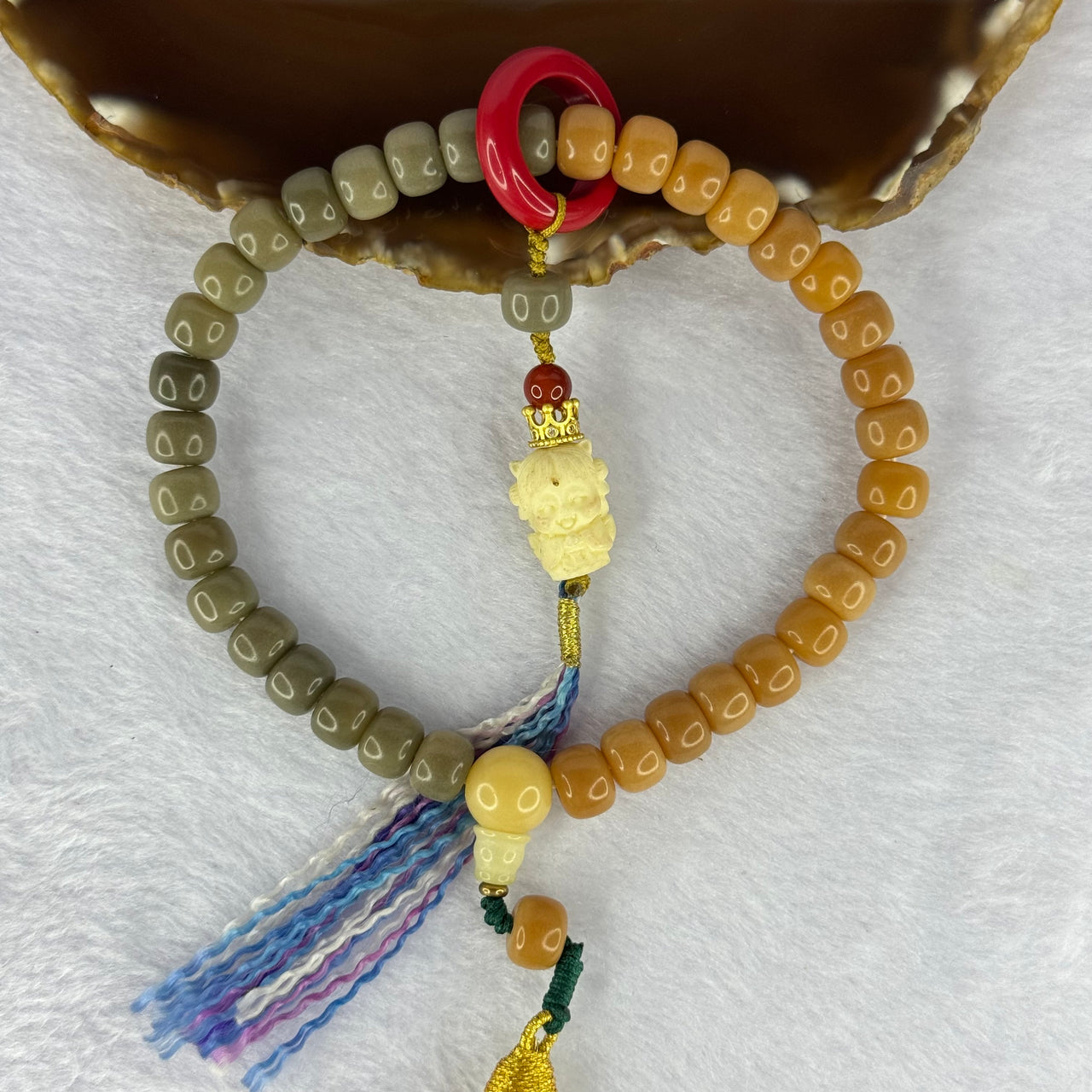 Type A Mixed Colour Bodhi Beads with Ivory Fruit 9 Tail Fox and Hong Zhu Sha Handplay 29.83g 9.4mm 36+2 Beads - Huangs Jadeite and Jewelry Pte Ltd