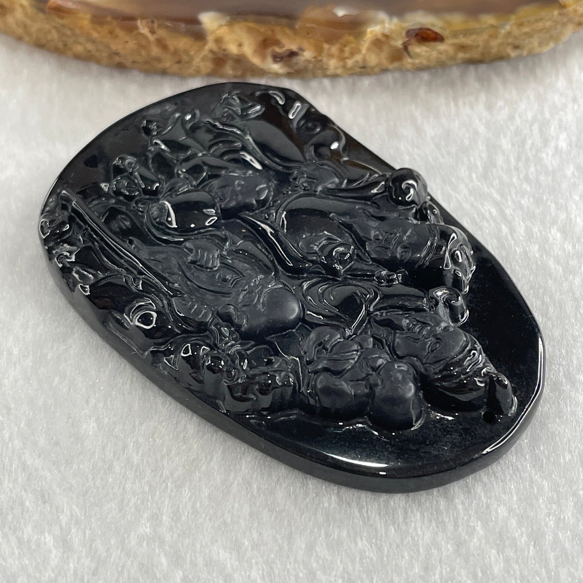Type A Opaque to Partial Translucent Black Omphacite Jadeite Fu Lu Shou Pendant 29.69g 59.6 by 40.3 by 7.6mm - Huangs Jadeite and Jewelry Pte Ltd