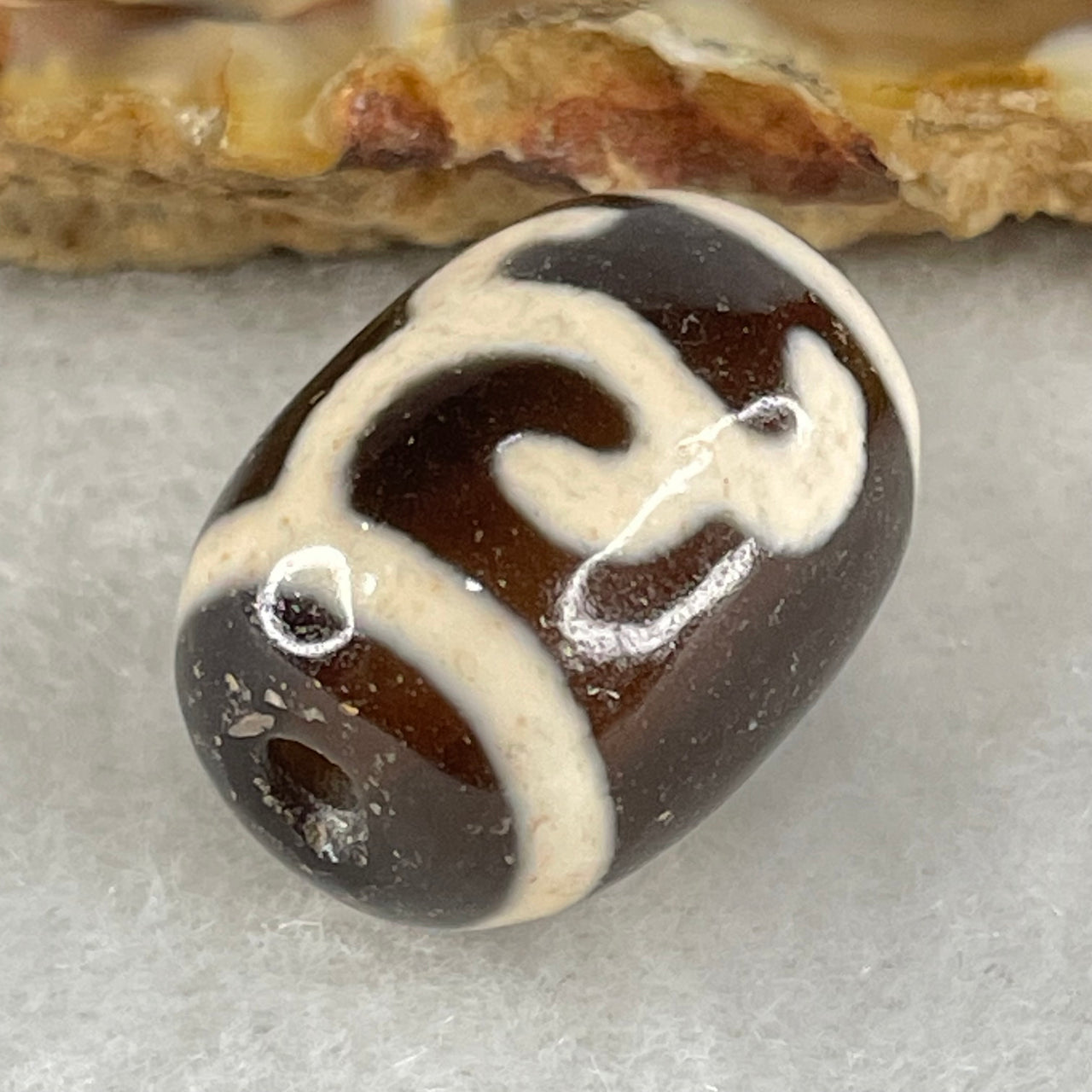 Natural Powerful Tibetan Old Oily Black White Agate Green Tara Dzi Bead Heavenly Master (Tian Zhu) 绿度母天珠 4.79g 17.6 by 13.2mm - Huangs Jadeite and Jewelry Pte Ltd