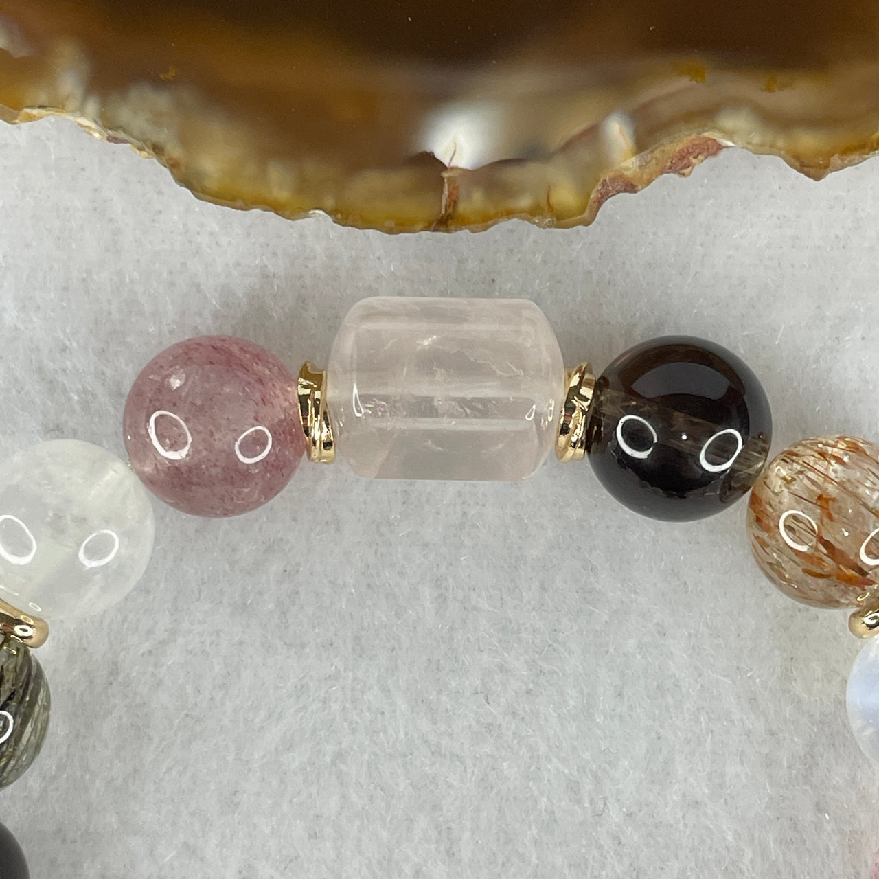 "Divine Harmony & Wealth" Natural Multi-Gemstone Bracelet | Strawberry Quartz, Moonstone, Rutilated, Rose Quartz & Smoky Quartz (28.55g | 14.0×9.9mm 3 Lulutong & 10.4mm 12 Beads | 14.5cm )