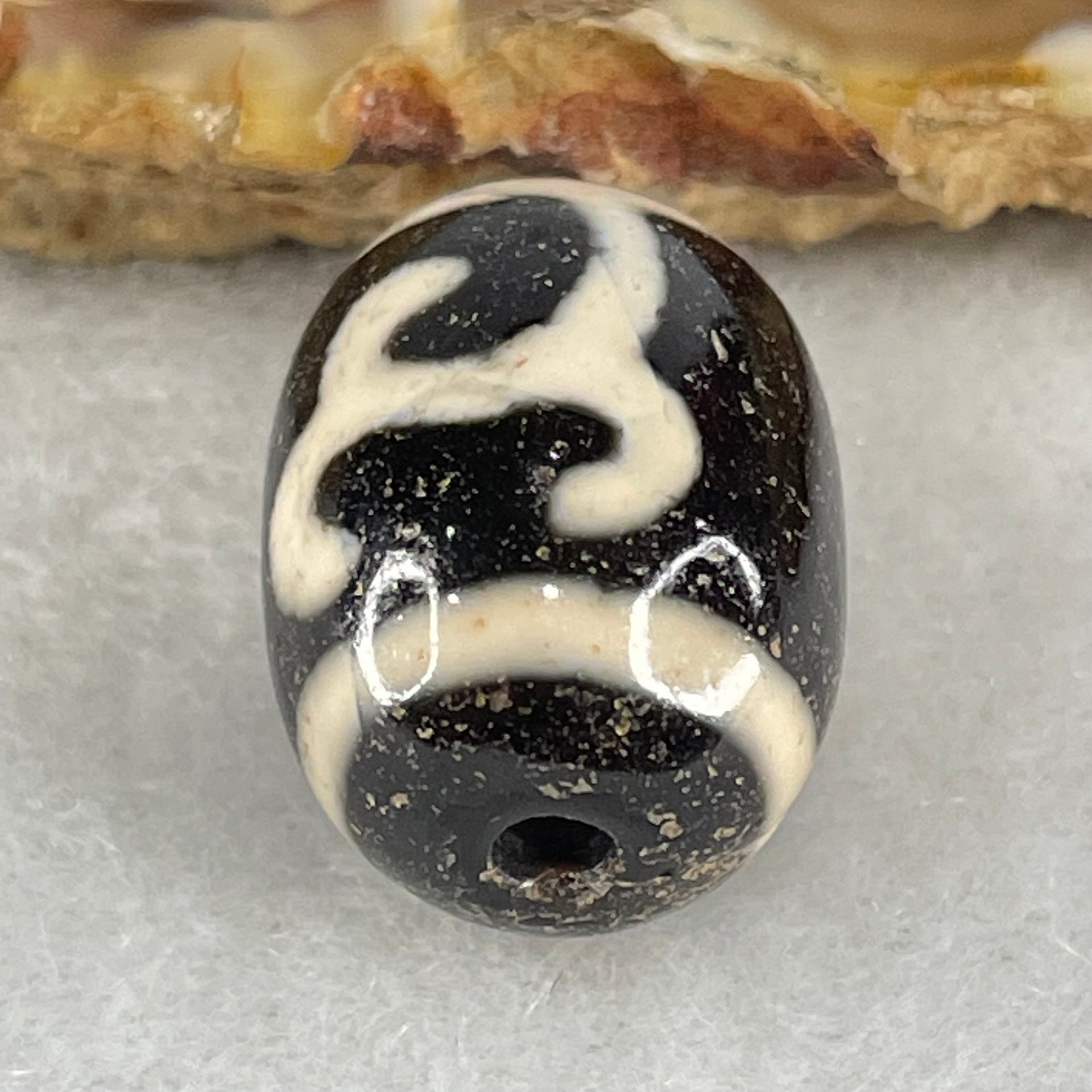 Natural Powerful Tibetan Old Oily Black White Agate Green Tara Dzi Bead Heavenly Master (Tian Zhu) 绿度母天珠 4.56g 17.3 by 13.1mm - Huangs Jadeite and Jewelry Pte Ltd