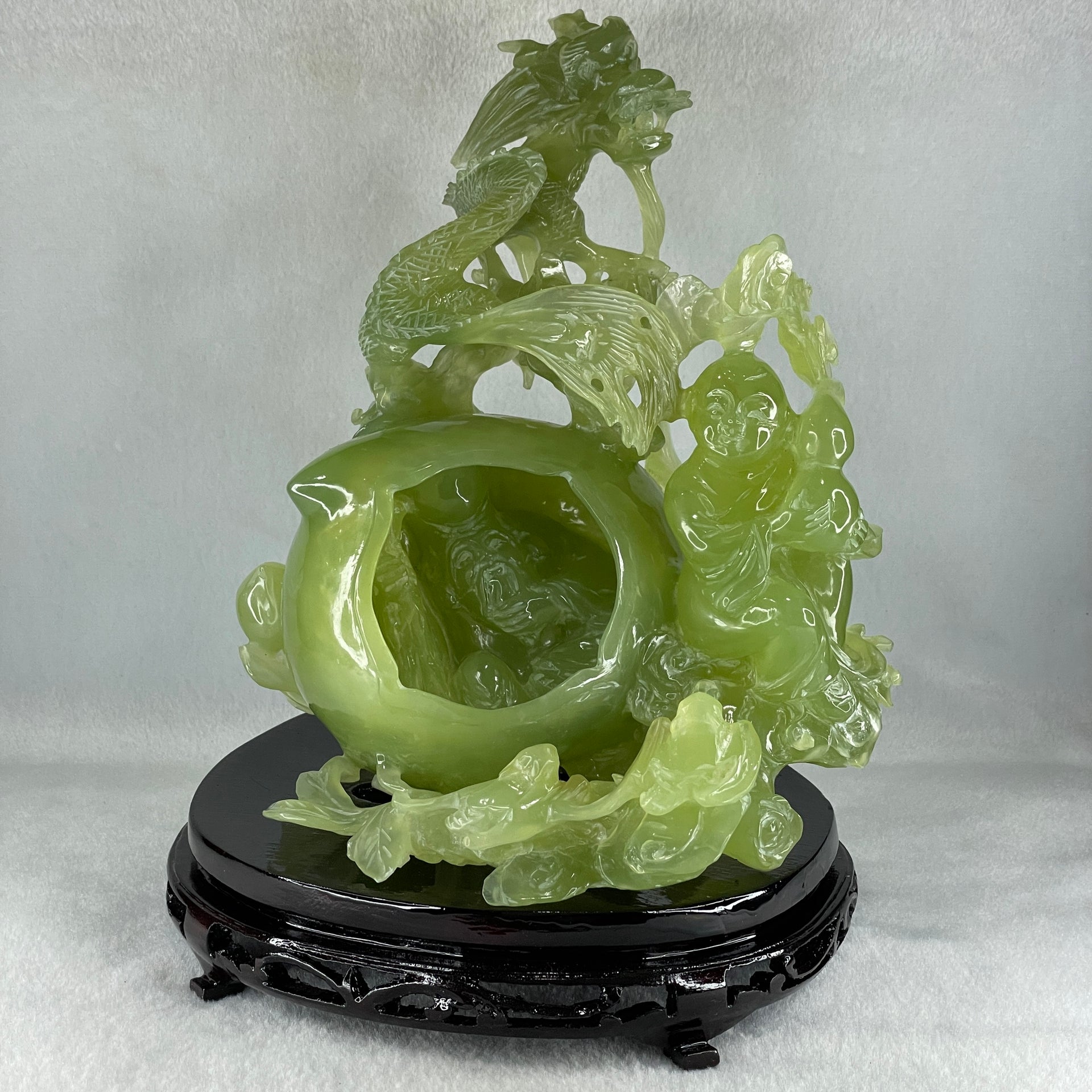 Natural Green Serpentine Dragon with Shou Xing Gong and Tong Zi with Wooden Stand Display 2610.6g 200.0 by 175.0 by 215.0mm - Huangs Jadeite and Jewelry Pte Ltd