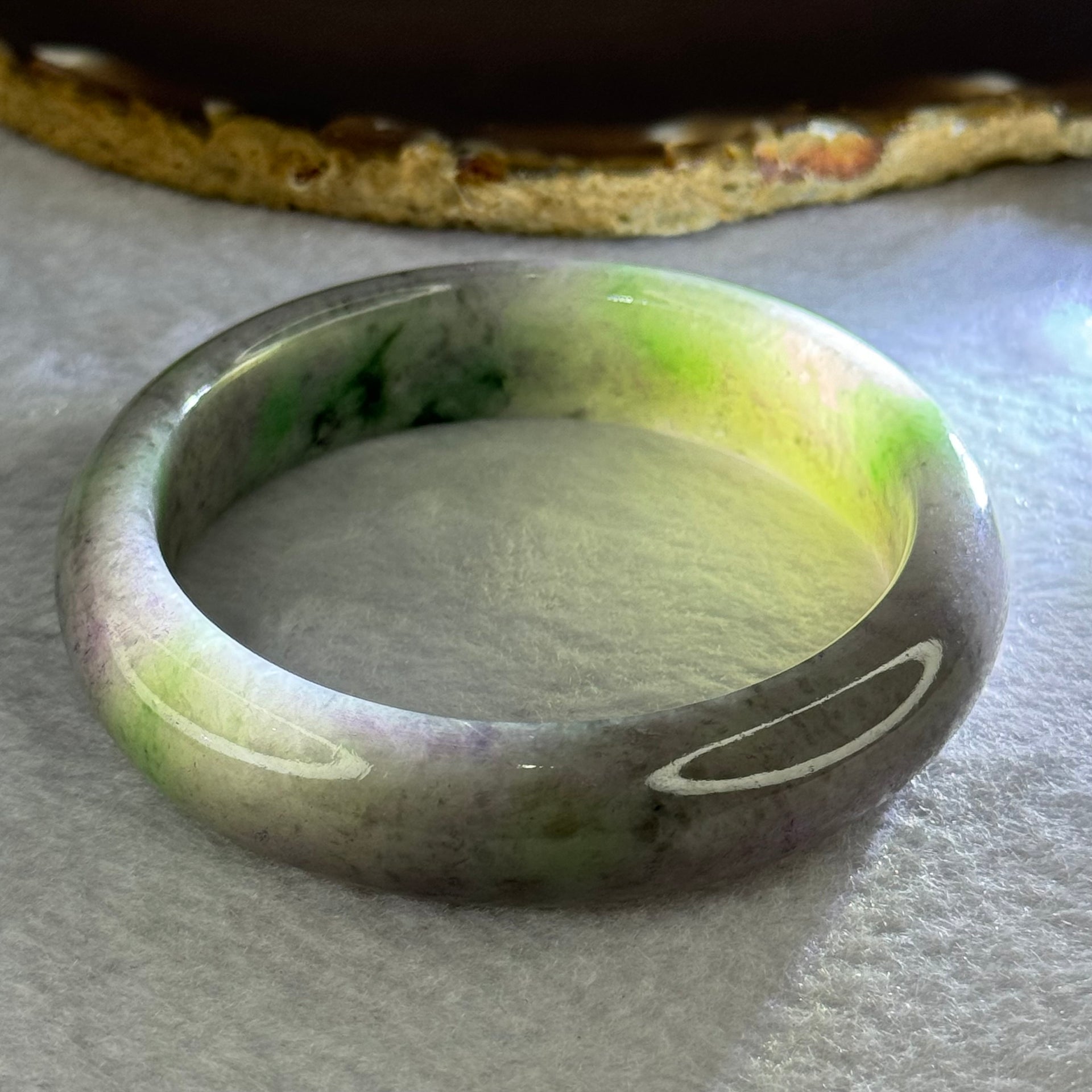 Type A Deep Lavender with Spicy to Dark Green Patches Jadeite Bangle Internal Diameter 58.4mm 71.02g 14.9 by 8.9mm (Very Slight External Rough) - Huangs Jadeite and Jewelry Pte Ltd