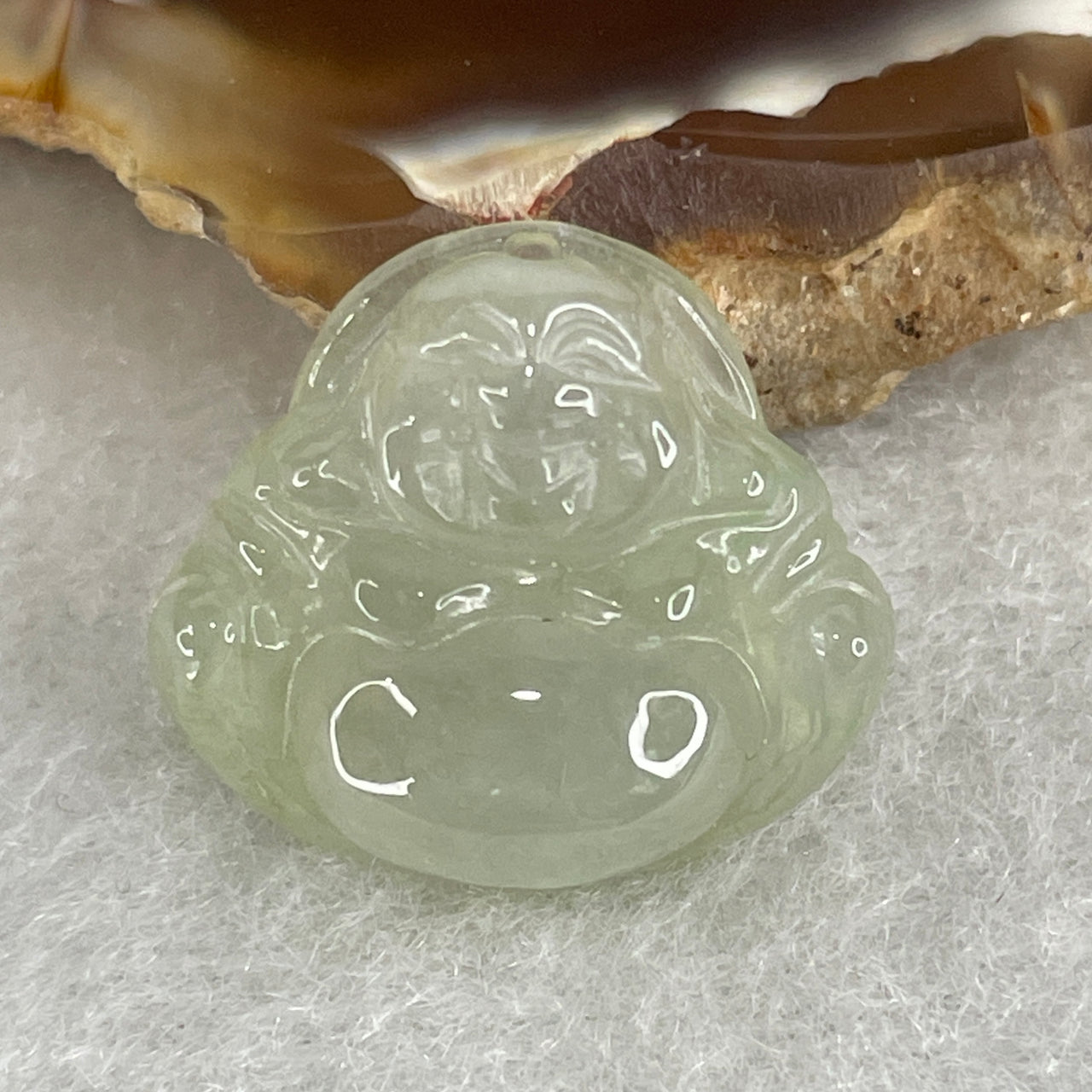 Natural Type A Icy Light Blueish Green Jadeite Buddha Pendant | 15.9mm Carved Milo Laughing Buddha Peace Amulet (2.44g 17.6x6.0mm)