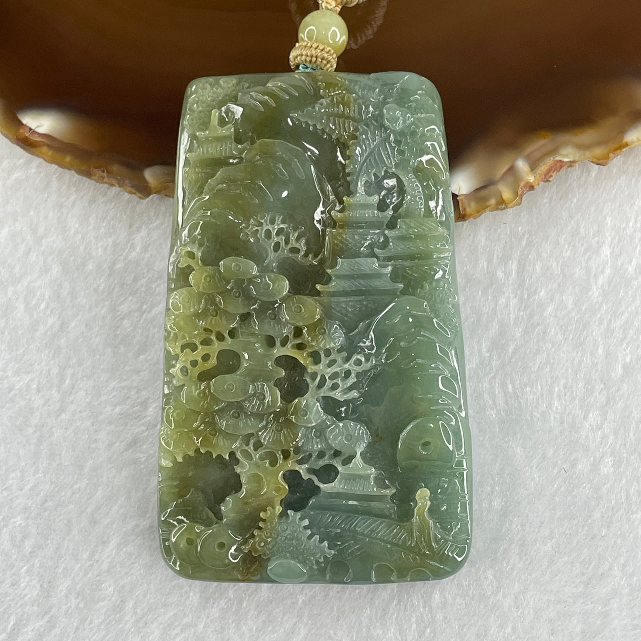 Grand Master Type Green with Brownish Yellow Jadeite Shan Shui with Gui Ren with Dragon Pendant 62.97g 67.6 by 41.8 by 9.5mm
