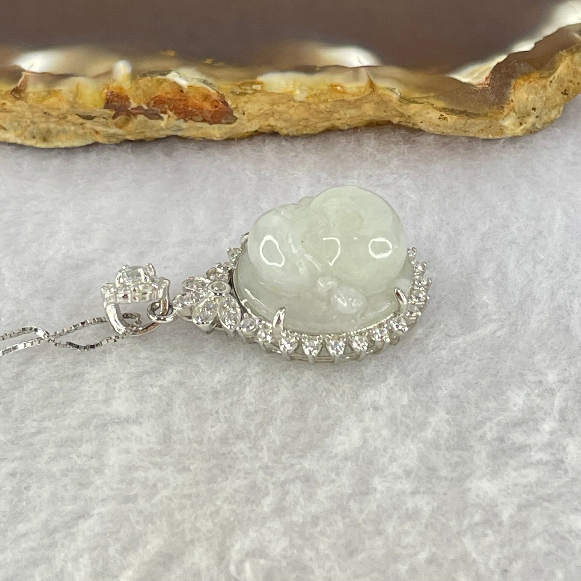 Type A Faint Lavender to White Milo Buddha with Crystals in S925 Sliver Pendant and Necklace 6.95g 16.2 by 16.2 by 8.5mm - Huangs Jadeite and Jewelry Pte Ltd