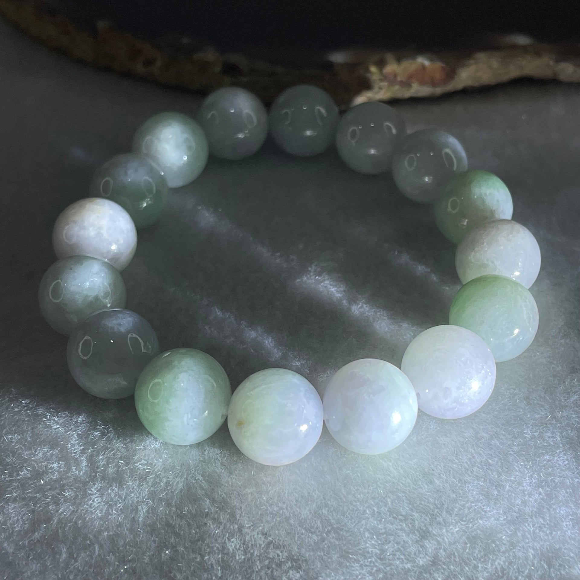 Type A Light Green with Slight Light Lavender Jadeite Beads Bracelet 47.81g 15cm 12.2mm 16 Beads - Huangs Jadeite and Jewelry Pte Ltd