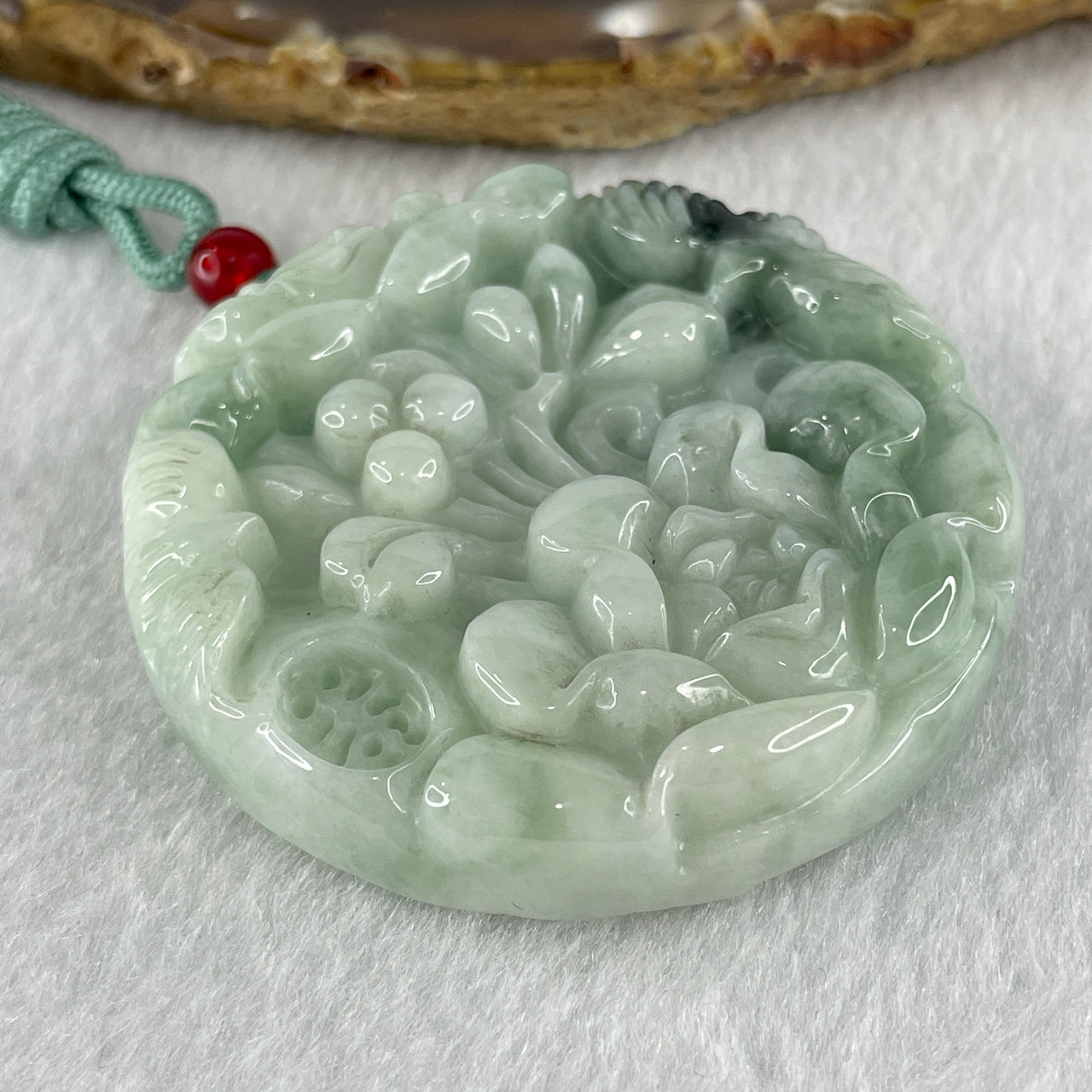 Natural Type A Light Green with Dark Blueish Green Piao Hua Jadeite Shan Shui Scenic with Gui Ren Benefactor and Prosperity Flowers Pendant 68.78g 53.3 by 12.2mm
